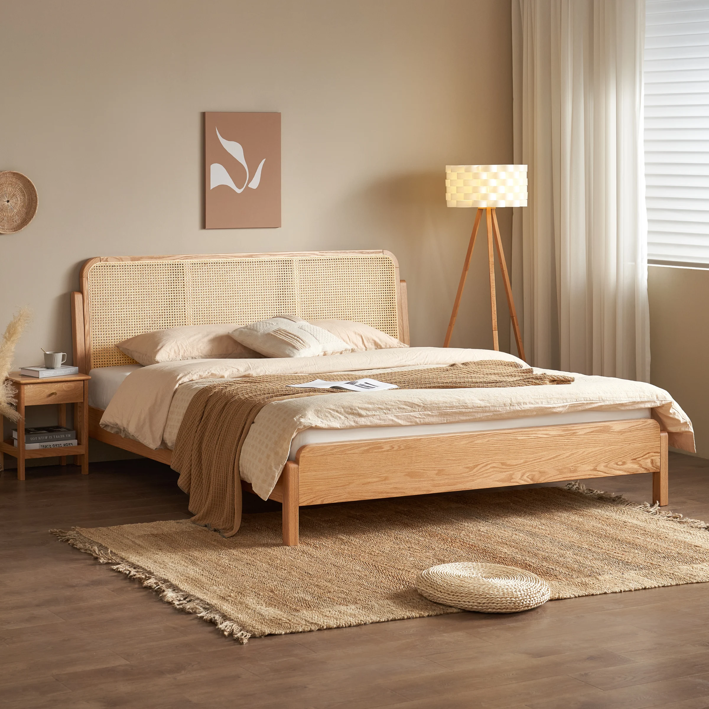 Solidwood Wenrik Super King Bed Frame with Adjustable Rattan Headboard
