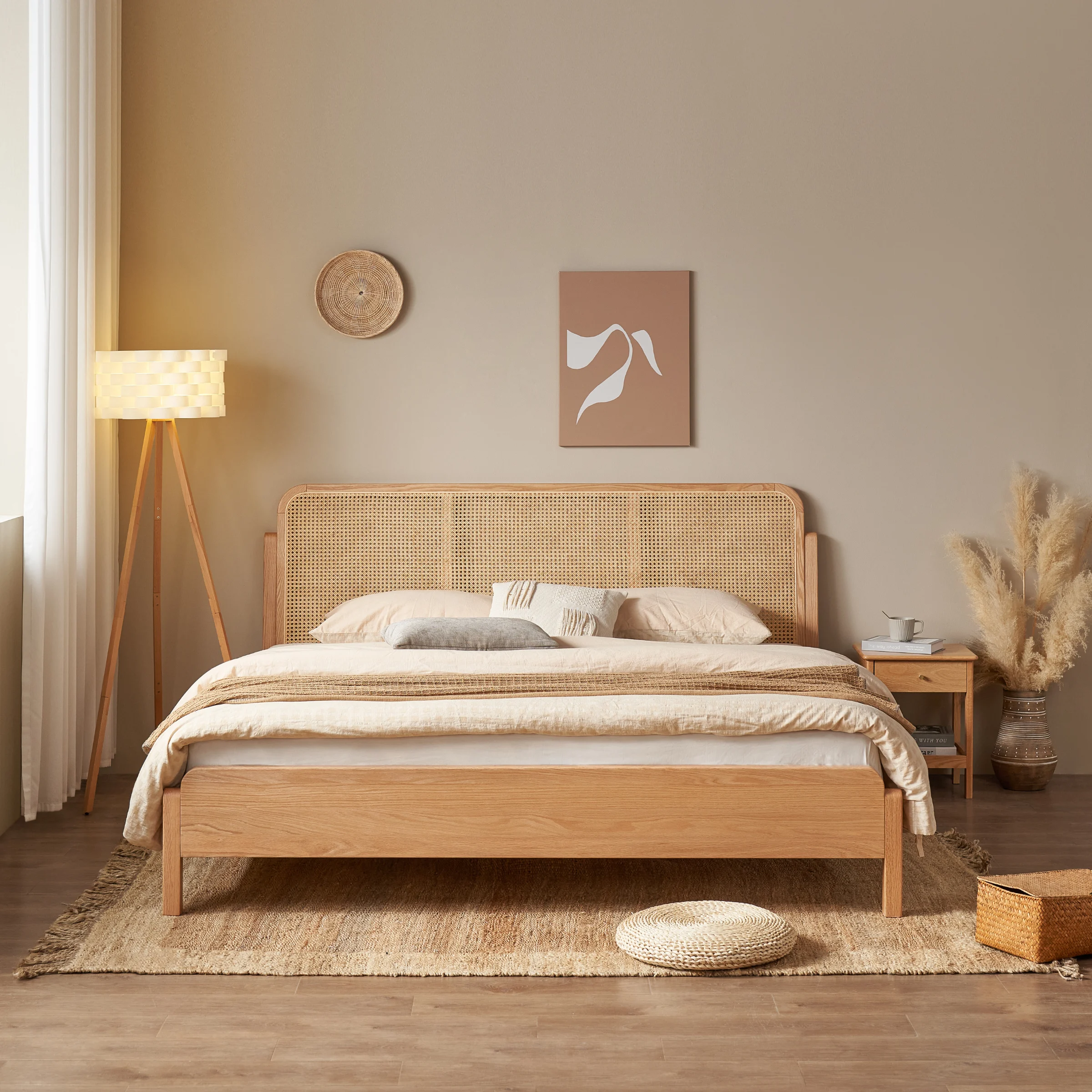 Solidwood Wenrik Super King Bed Frame with Adjustable Rattan Headboard