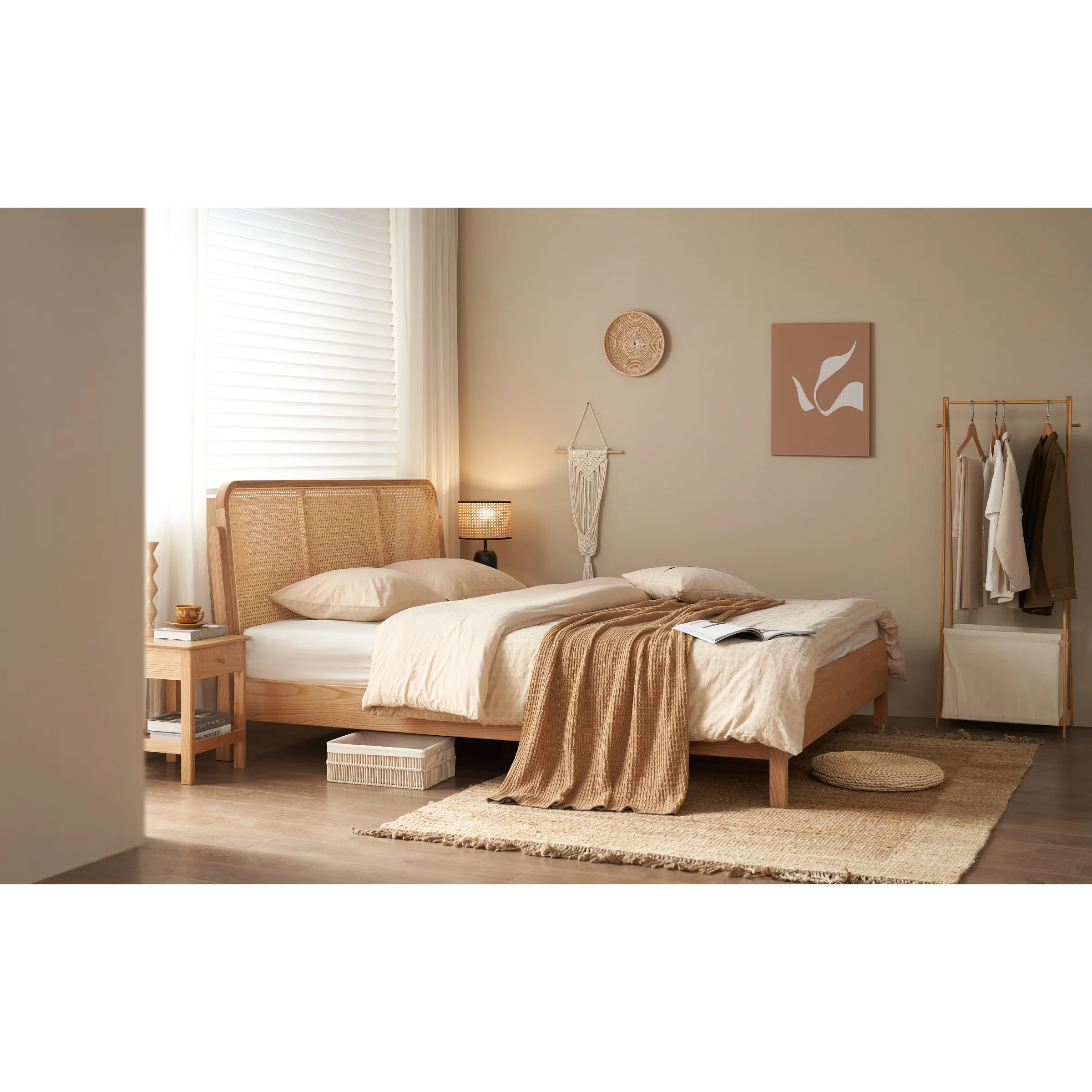 Solidwood Wenrik Small Queen Bed Frame with Adjustable Rattan Headboard