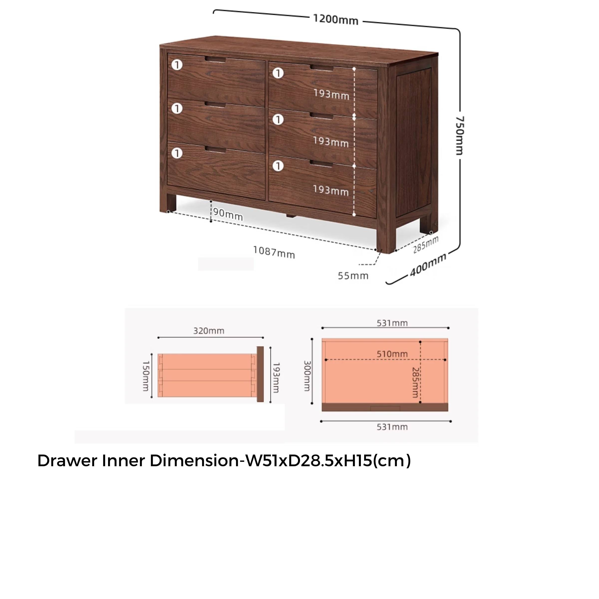 Solidwood Norway Chest of 6 Drawers, 120x40CM, Walnut
