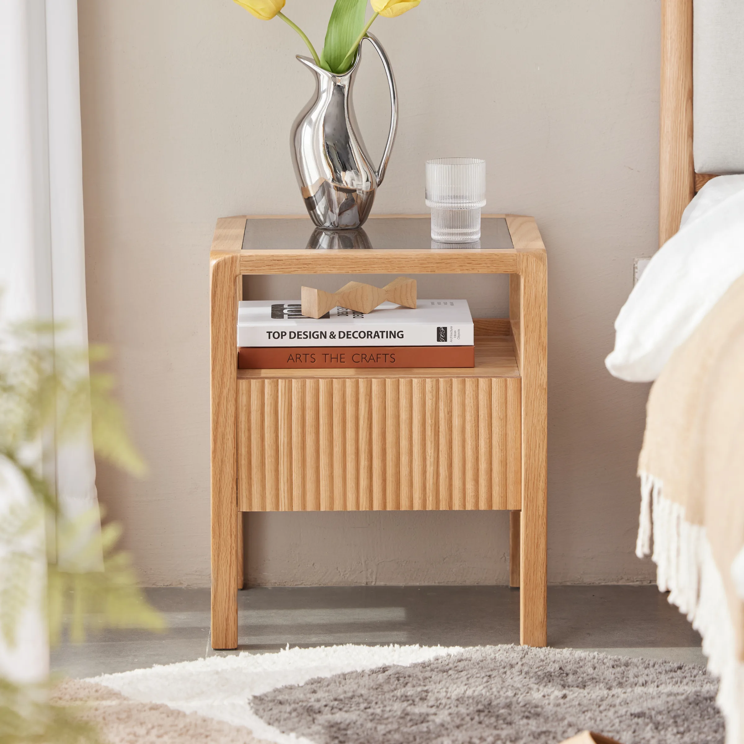 Solidwood Korlin Bedside Table with Glass Top