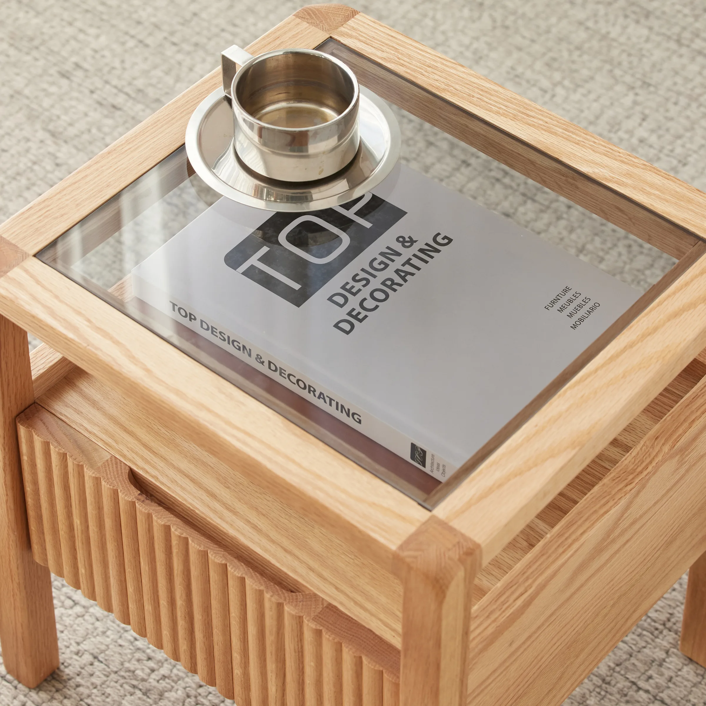 Solidwood Korlin Bedside Table with Glass Top