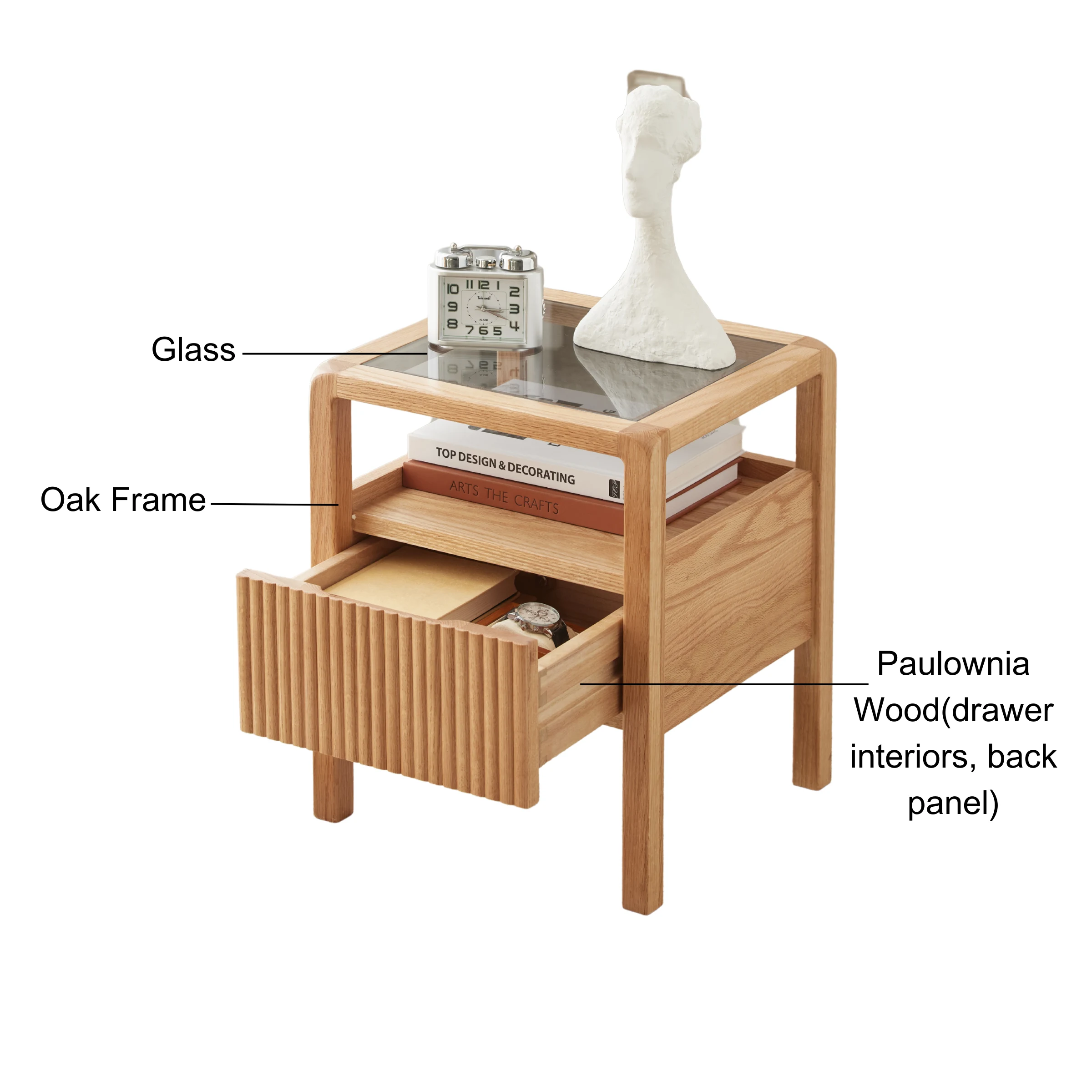 Solidwood Korlin Bedside Table with Glass Top