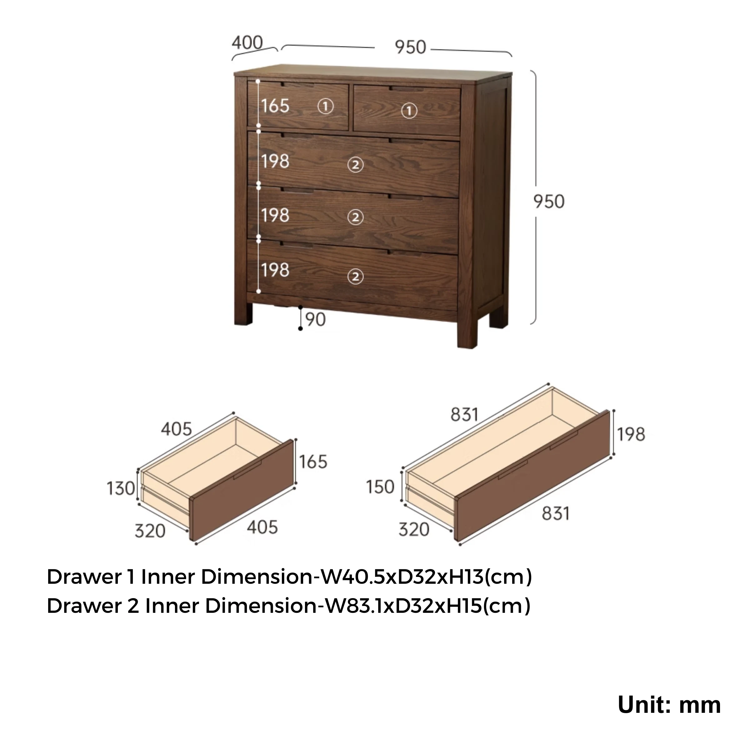 Solidwood Norway Chest of 5 Drawers, 95x40CM, Walnut