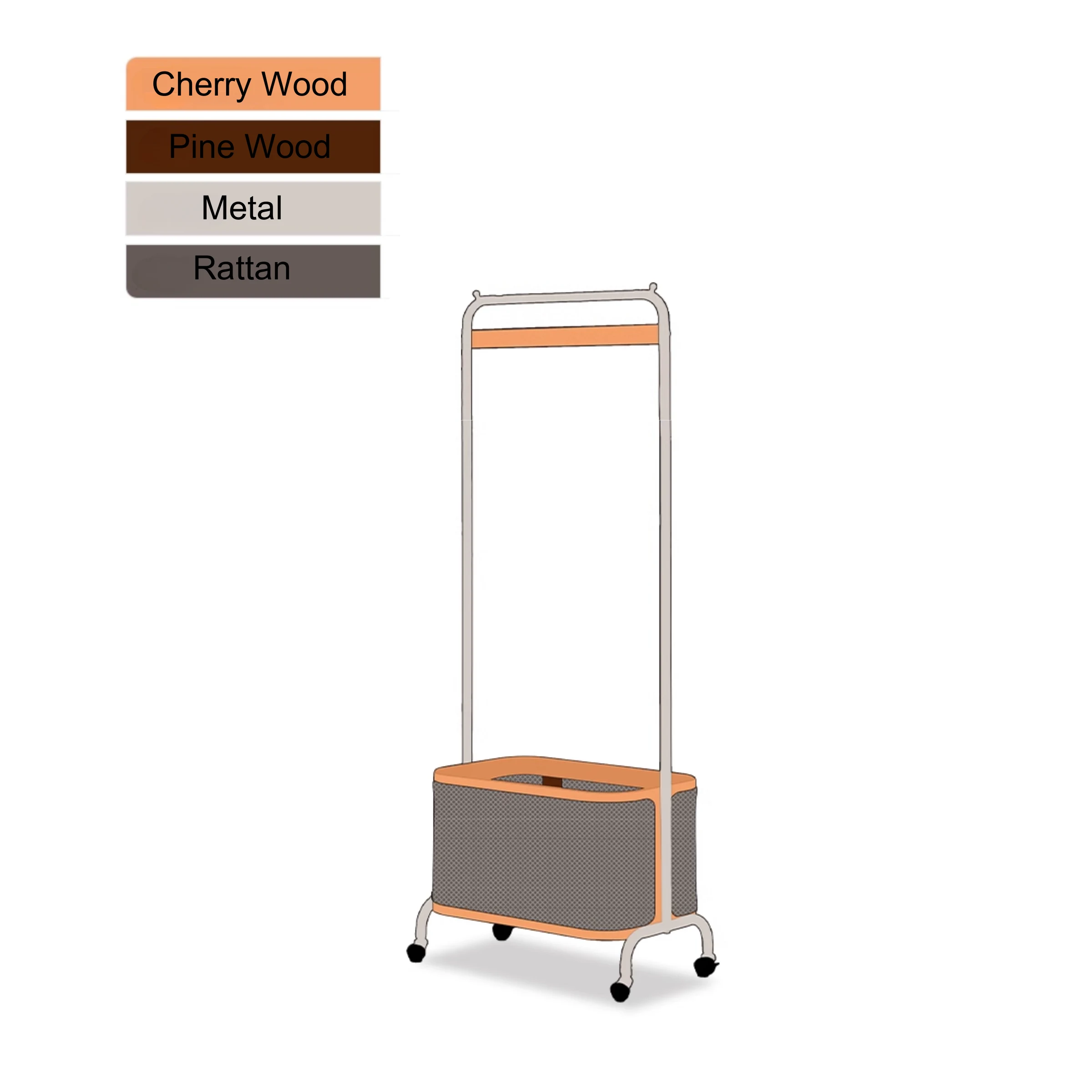 Solidwood Quartz Cherry Clothes Rack with Castors & Basket