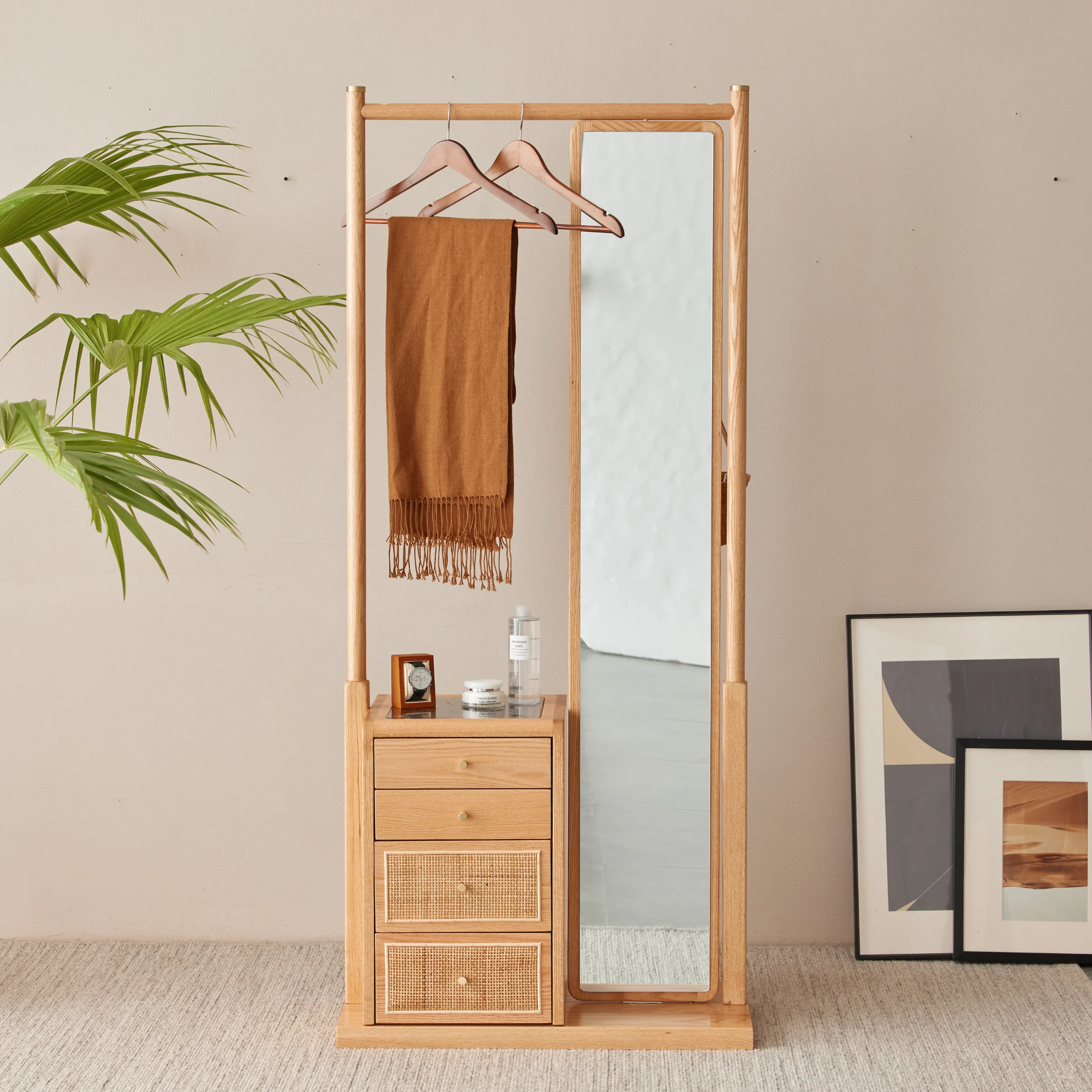 Solidwood Calamo Clothes Rack with Mirror & Drawer Unit, Natural