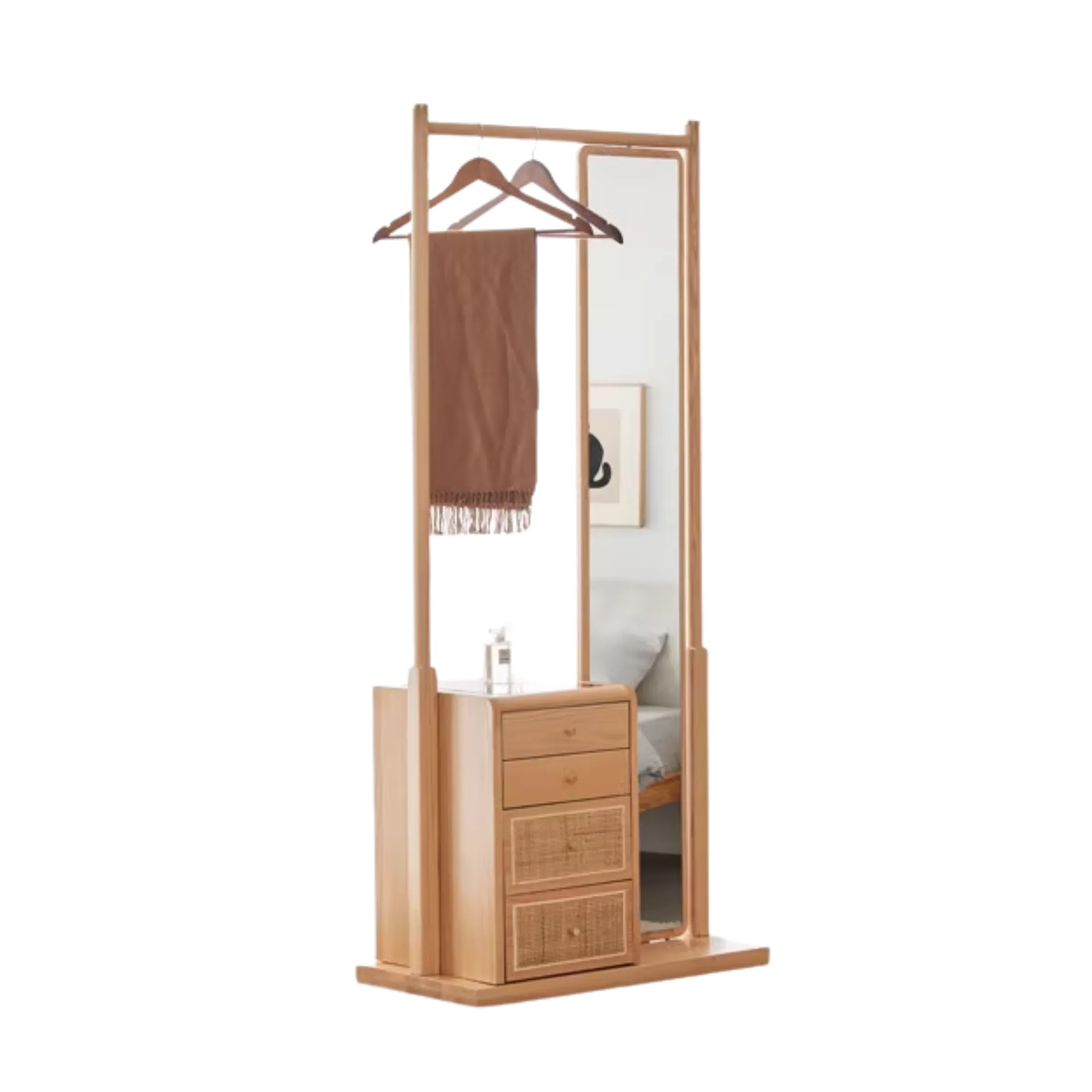 Solidwood Calamo Clothes Rack with Mirror & Drawer Unit, Natural