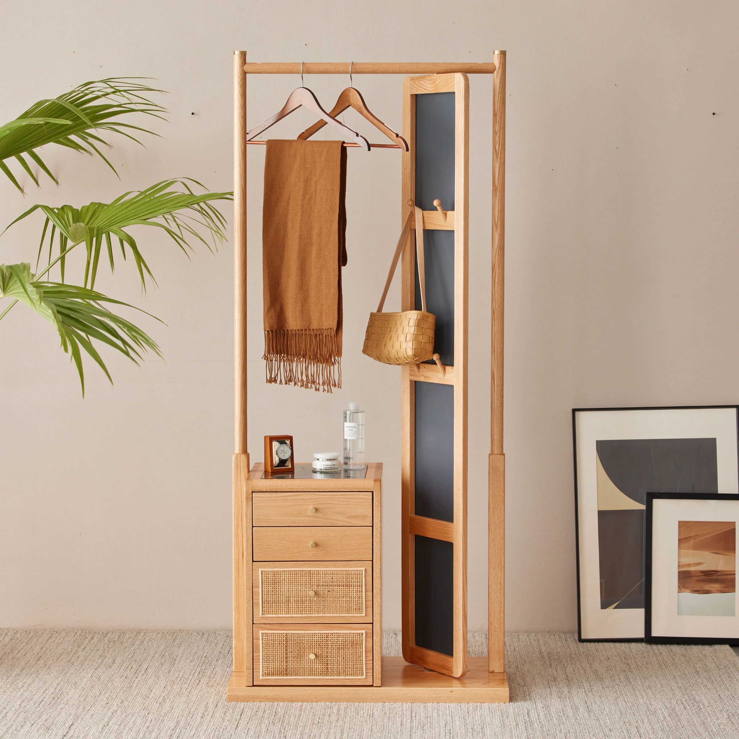 Solidwood Calamo Clothes Rack with Mirror & Drawer Unit, Natural