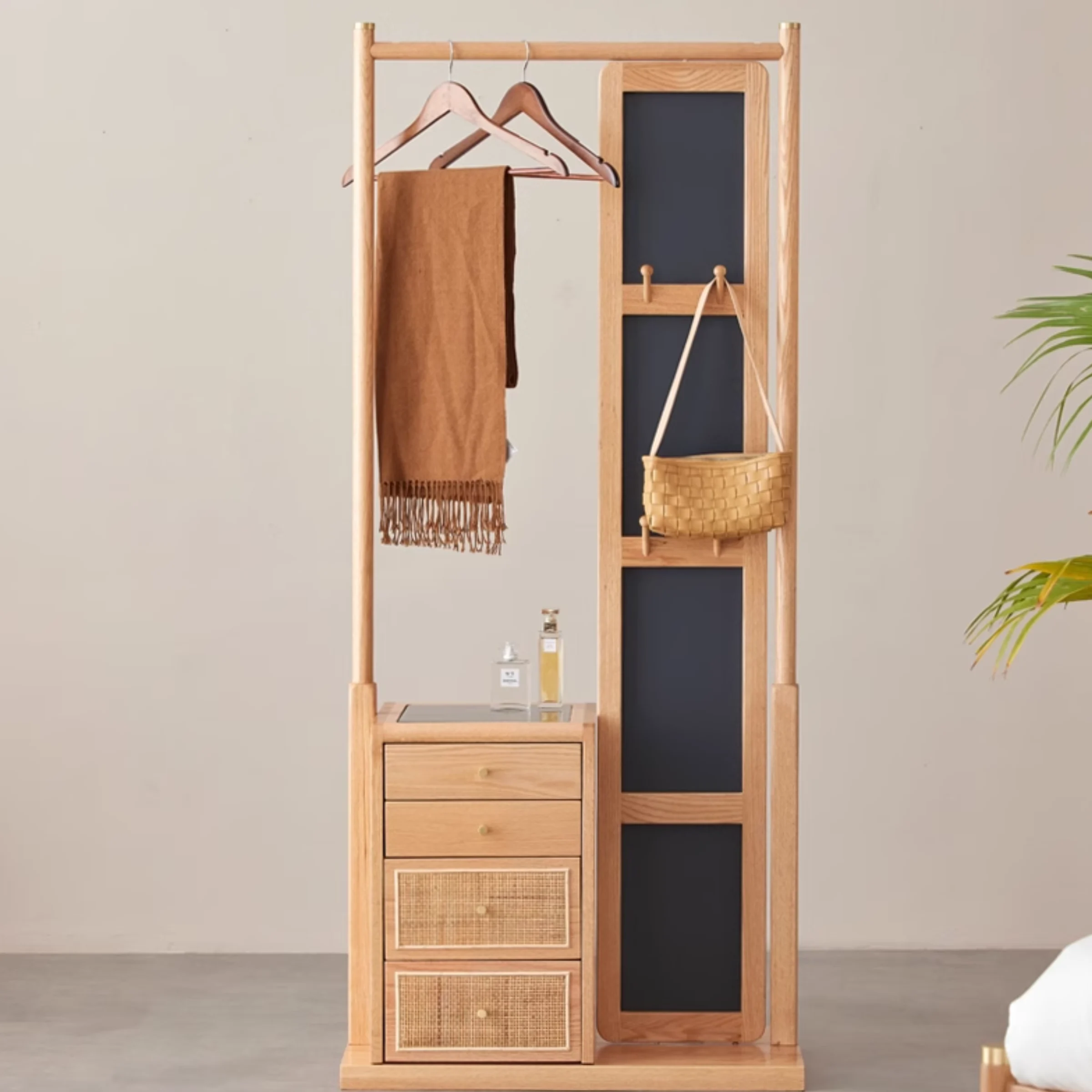 Solidwood Calamo Clothes Rack with Mirror & Drawer Unit, Natural