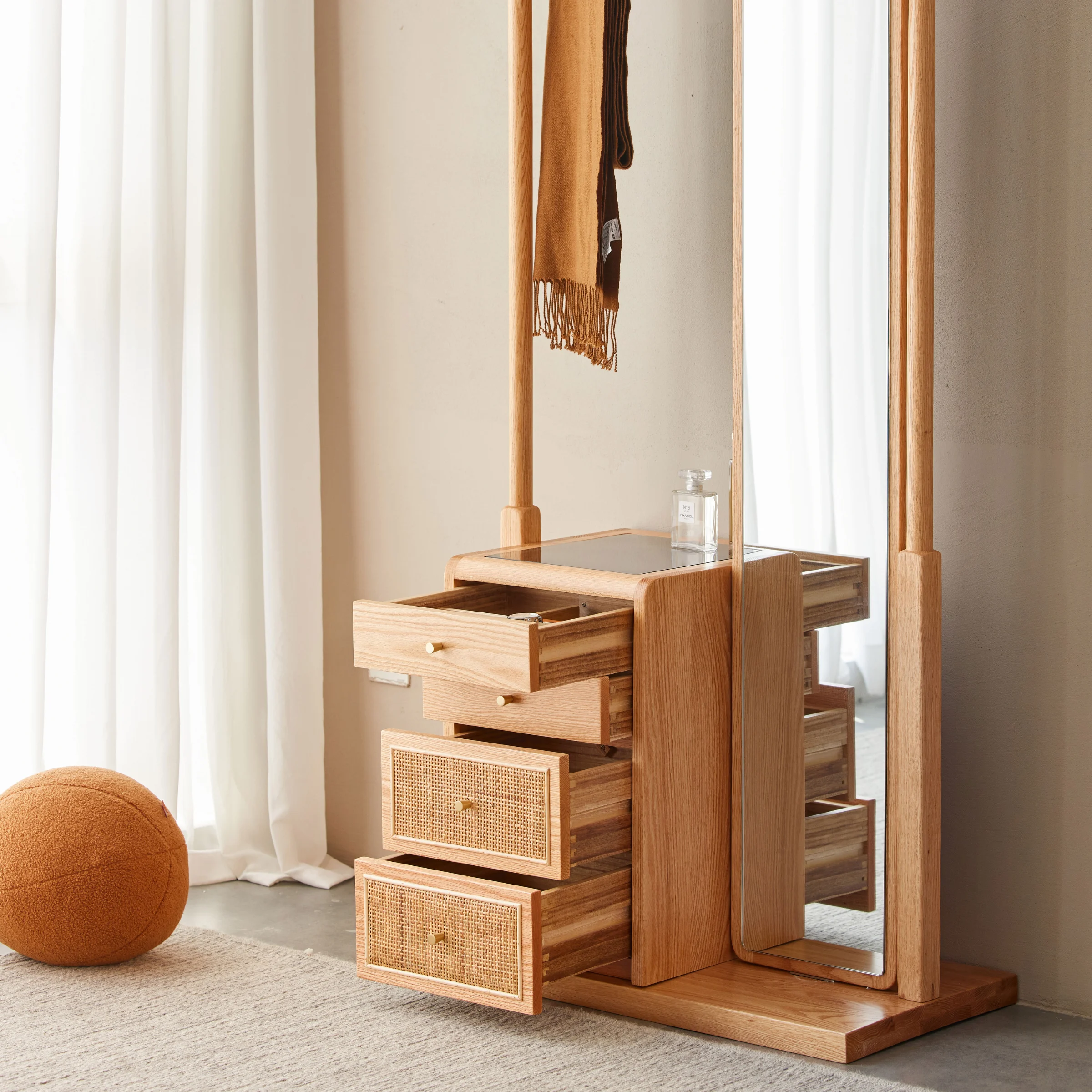 Solidwood Calamo Clothes Rack with Mirror & Drawer Unit, Natural