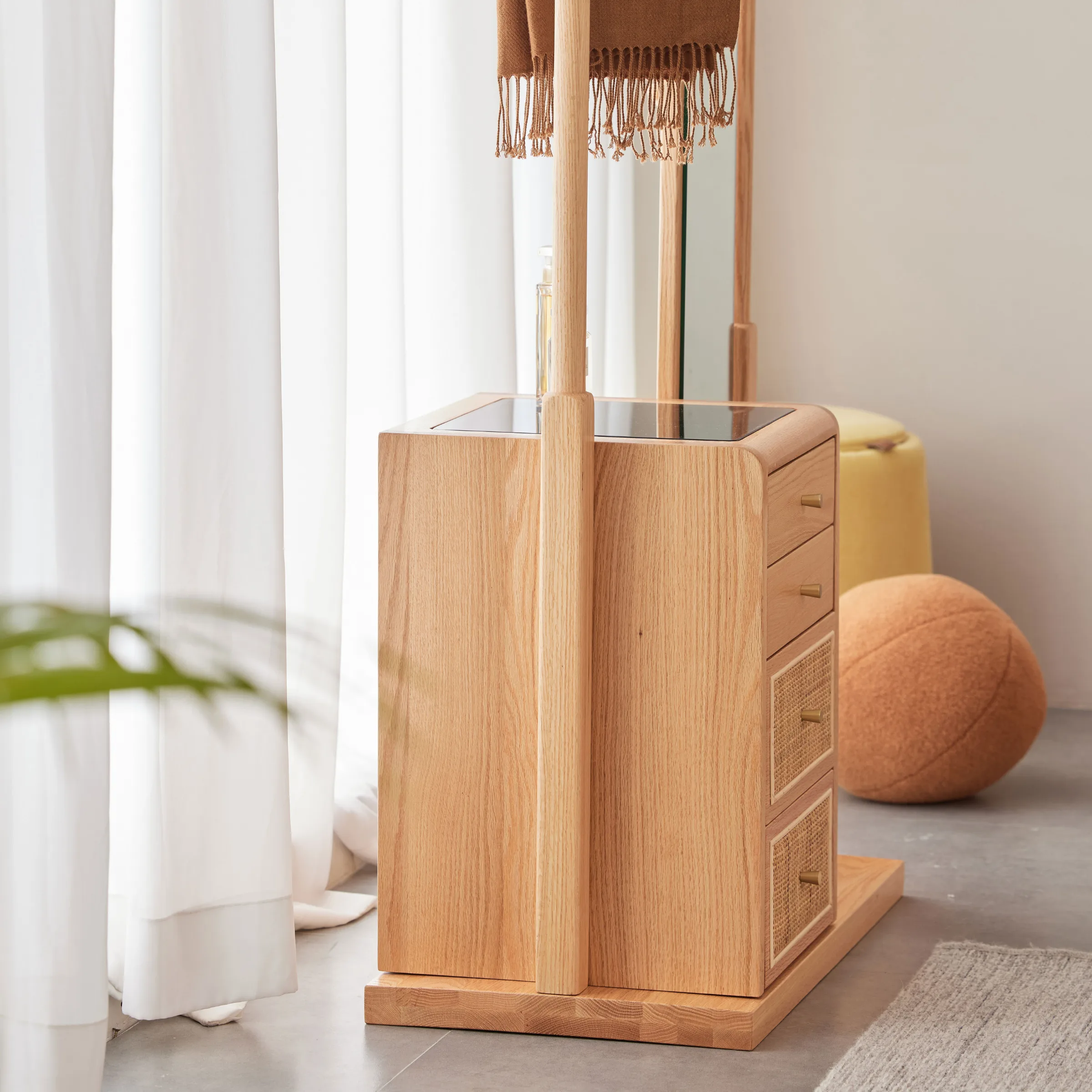 Solidwood Calamo Clothes Rack with Mirror & Drawer Unit, Natural