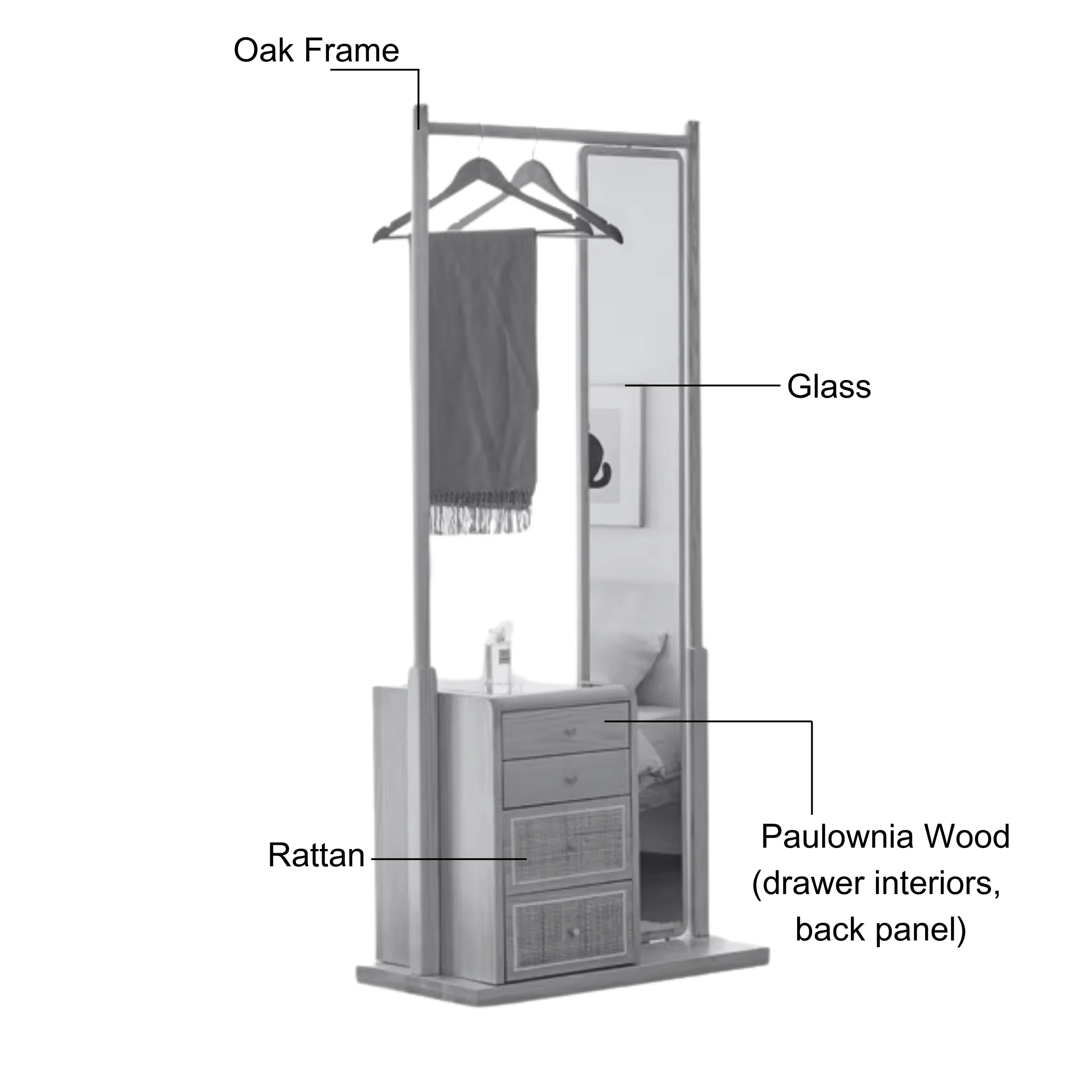 Solidwood Calamo Clothes Rack with Mirror & Drawer Unit, Natural