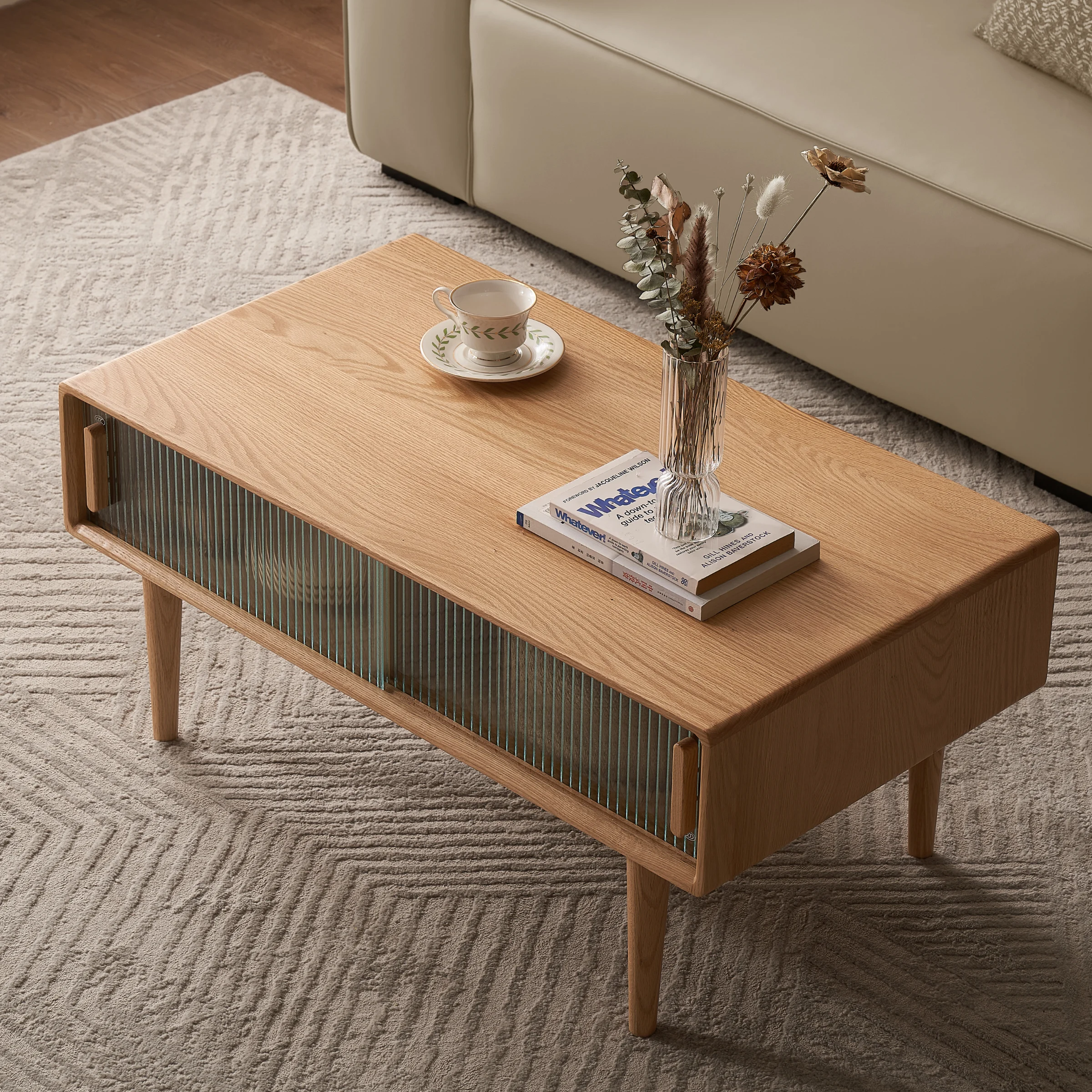 Solidwood Fuji Coffee Table with Glass Doors, 0.9m