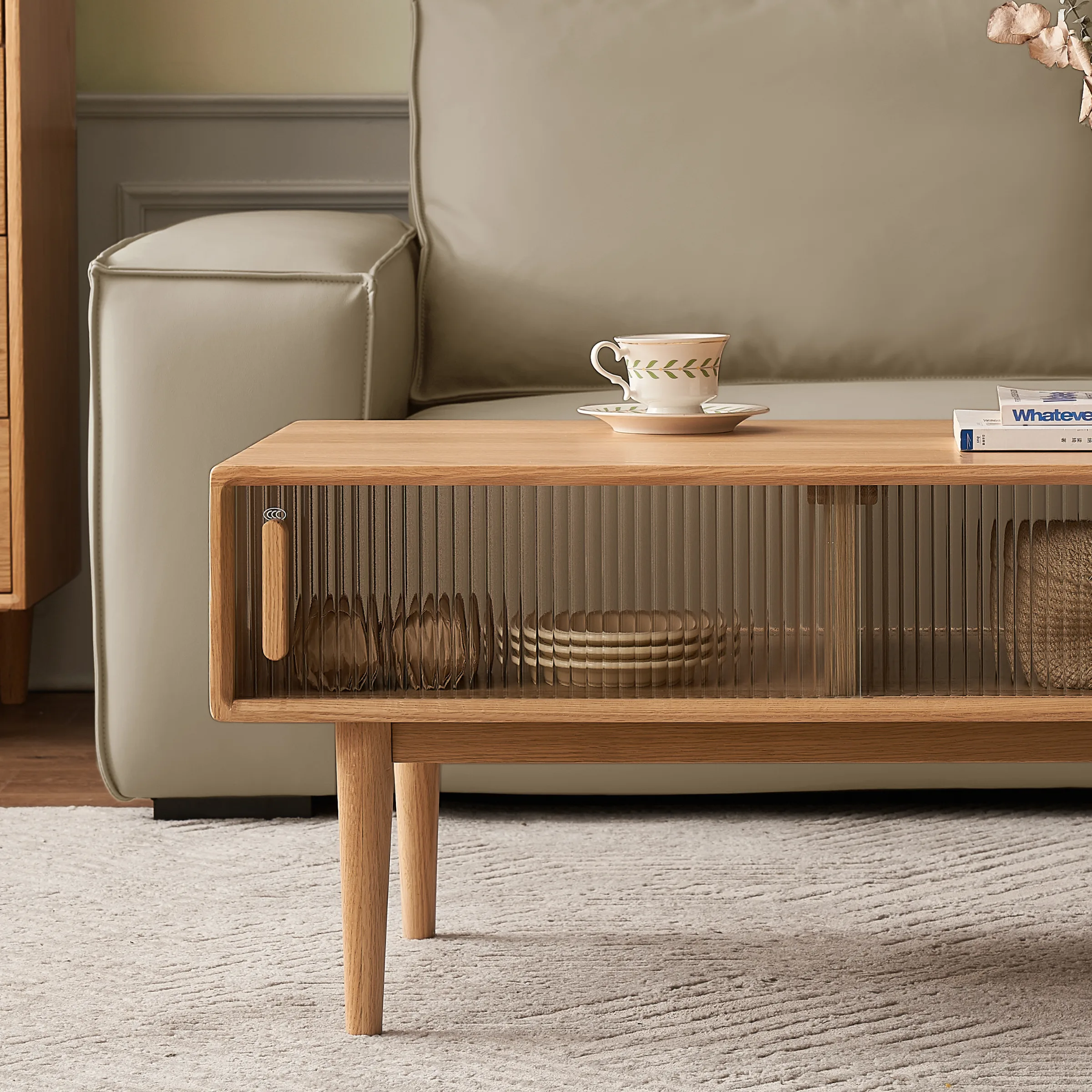 Solidwood Fuji Coffee Table with Glass Doors, 0.9m