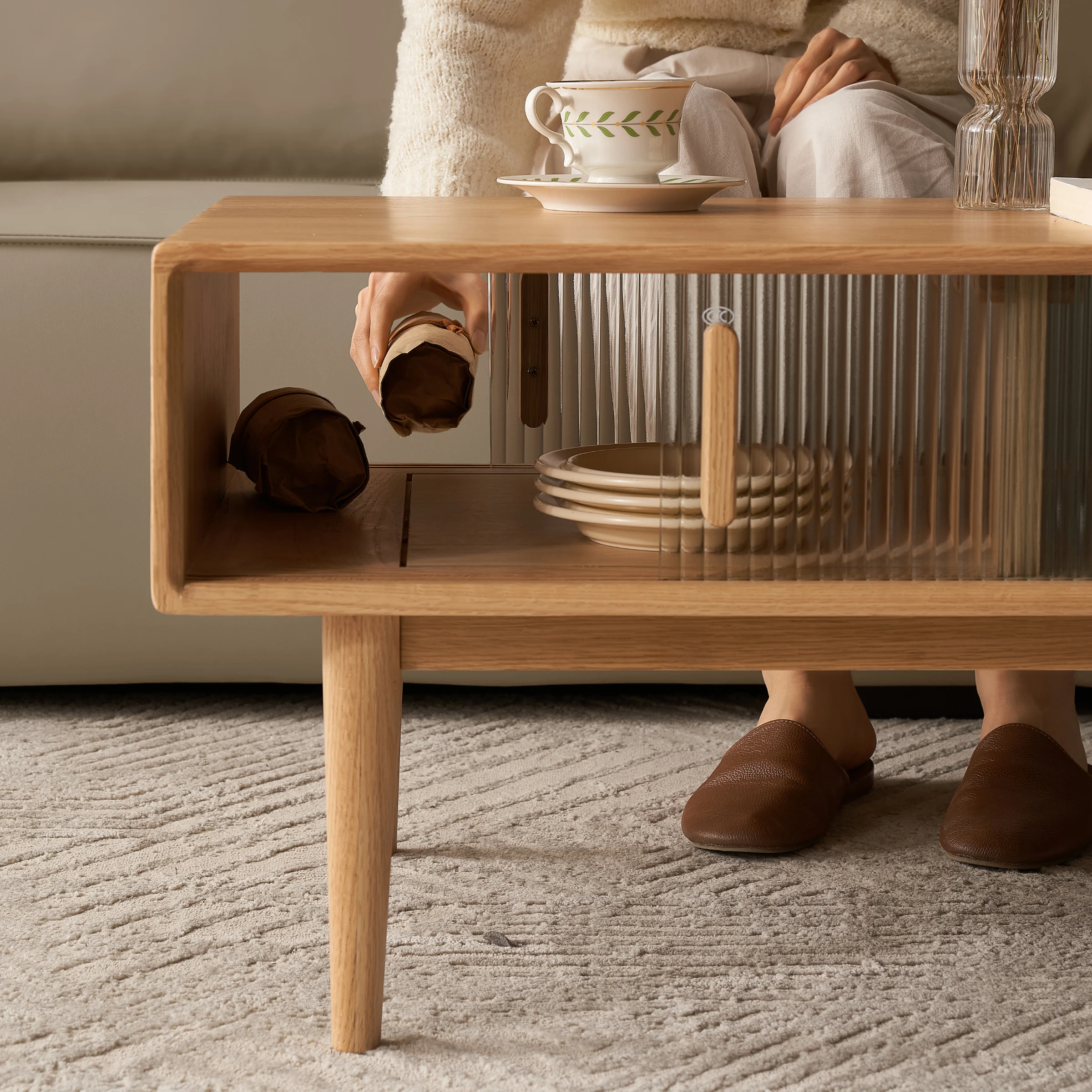 Solidwood Fuji Coffee Table with Glass Doors, 0.9m