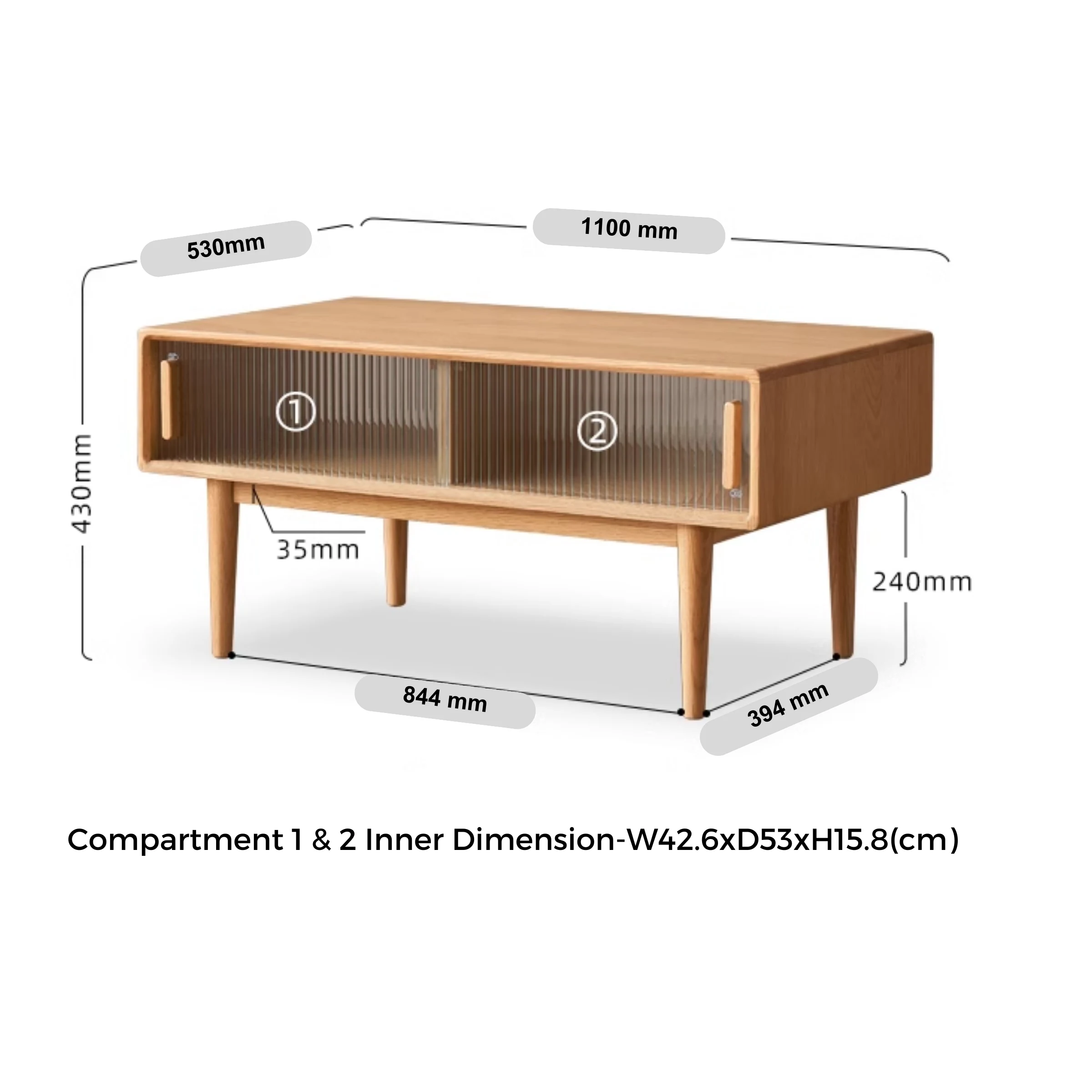 Solidwood Fuji Coffee Table with Glass Doors, 1.1m