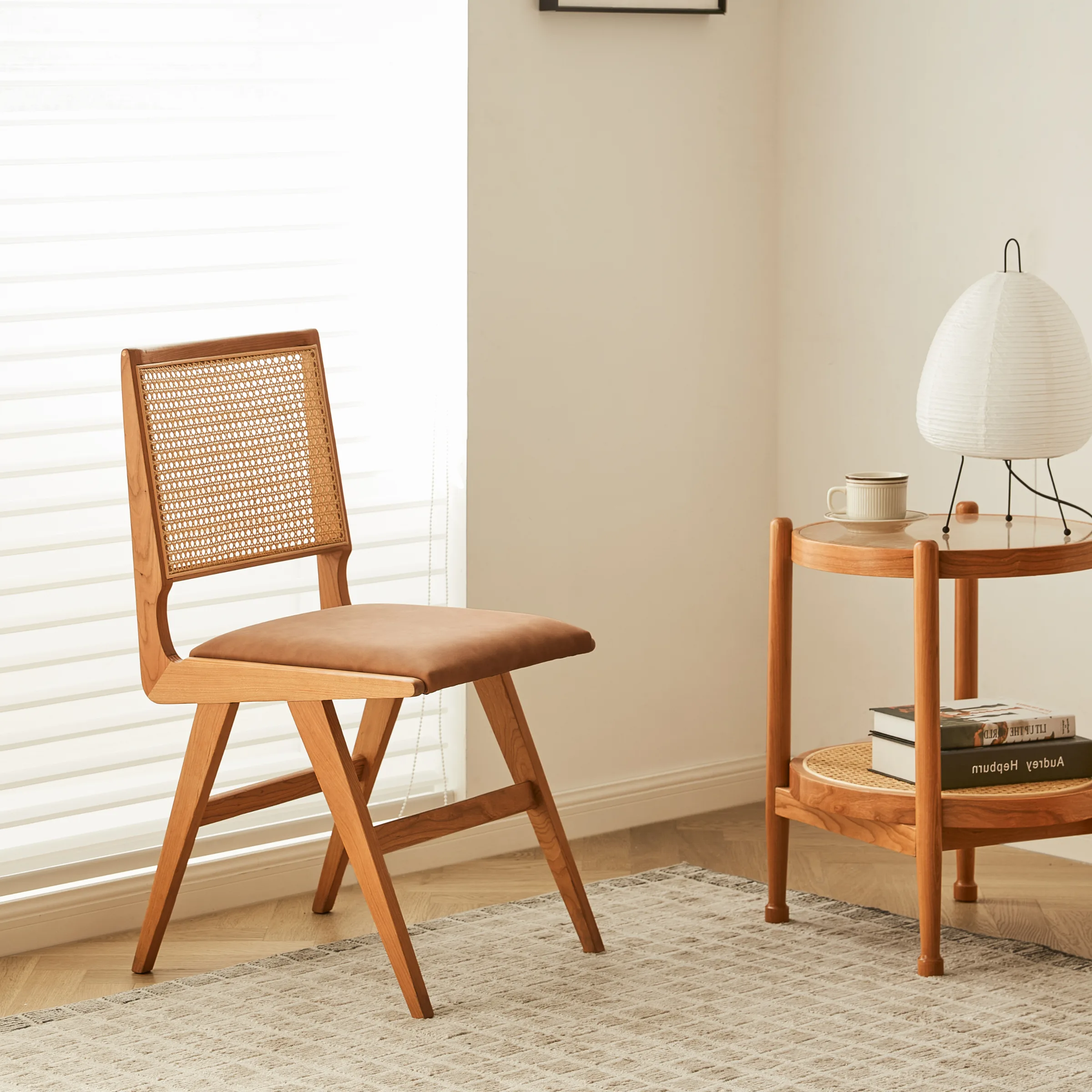 Solidwood Calamo Cherry Dining Chairs with Rattan Back, Set of 2