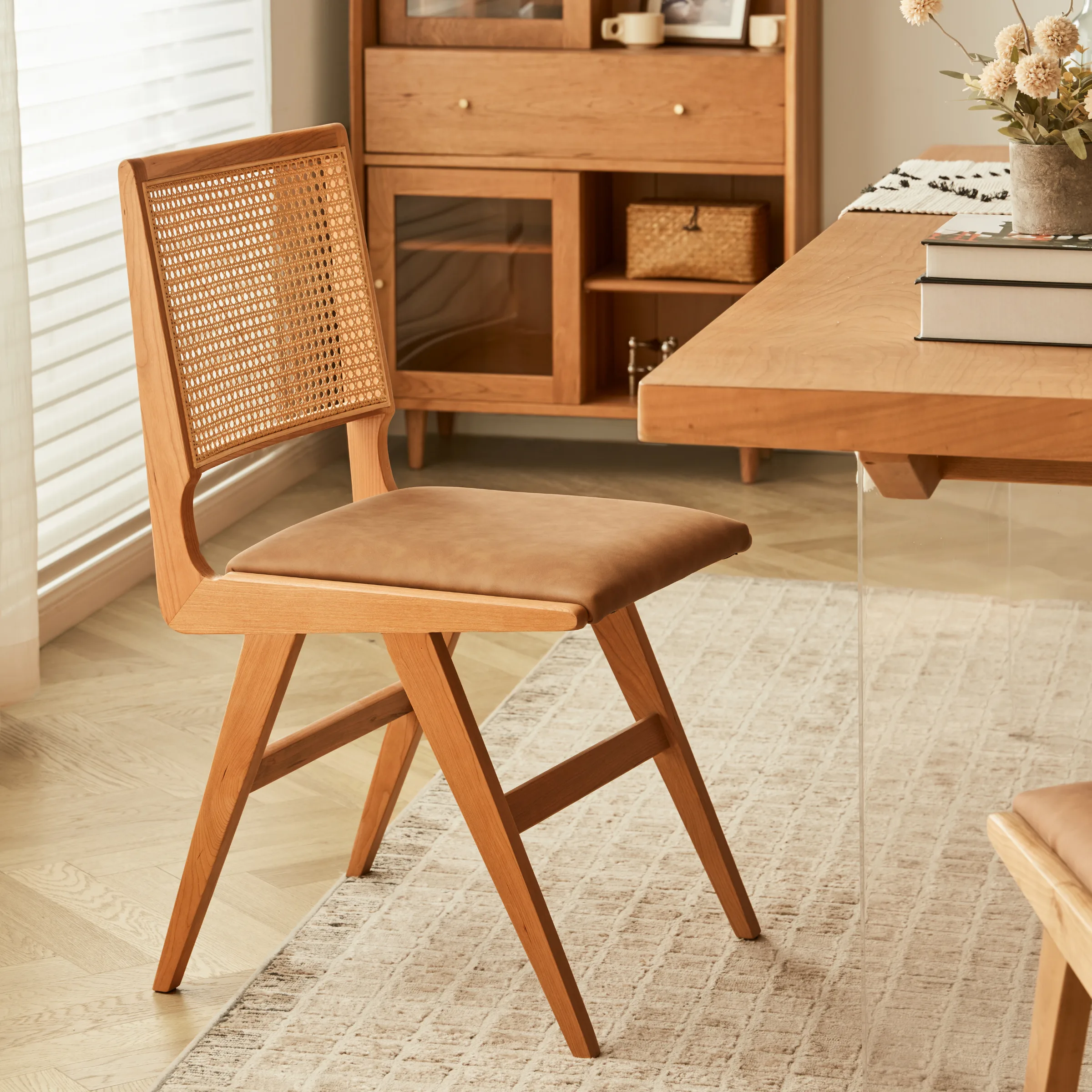 Solidwood Calamo Cherry Dining Chairs with Rattan Back, Set of 2