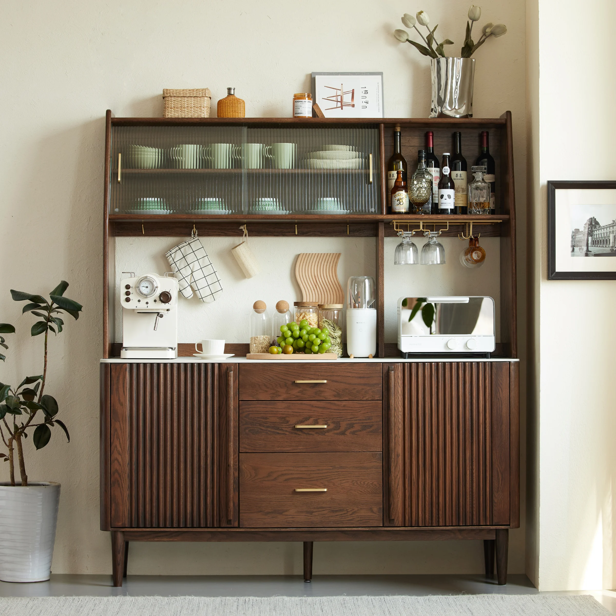 Solidwood Santa Rosa Sideboard with Sintered Stone Top & Hutch, 150x42x172cm, Walnut