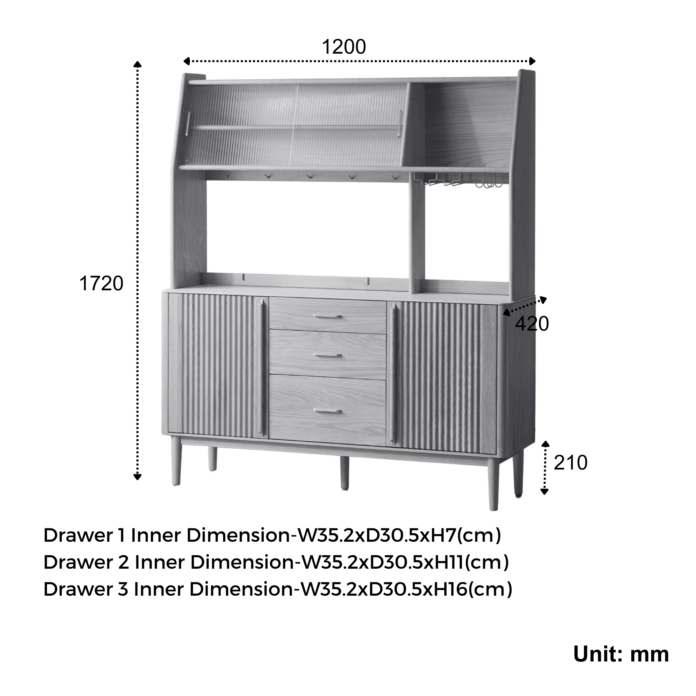 Solidwood Santa Rosa Sideboard with Sintered Stone Top & Hutch, 120x42x172cm, Walnut