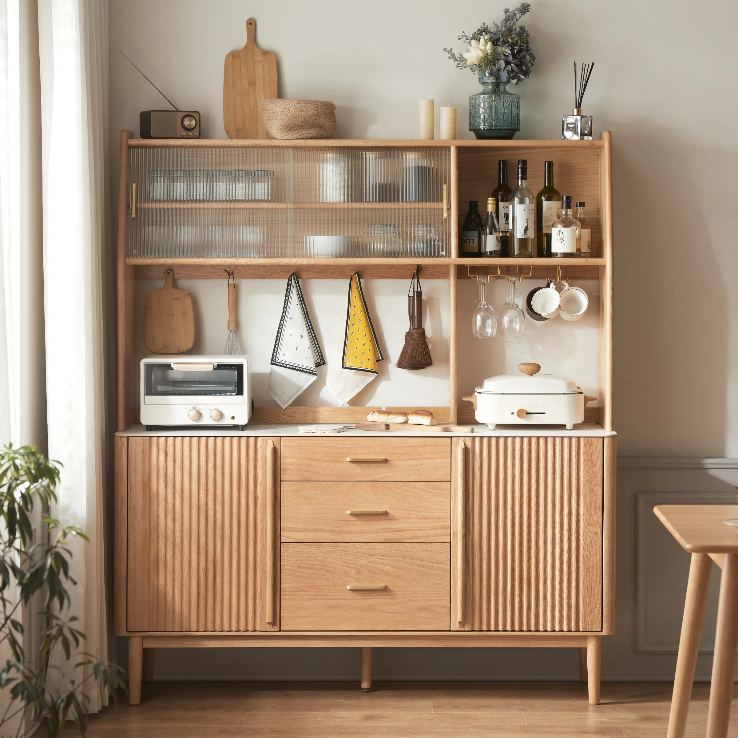 Solidwood Santa Rosa Sideboard with Sintered Stone Top & Hutch, 150x42x172cm, Natural