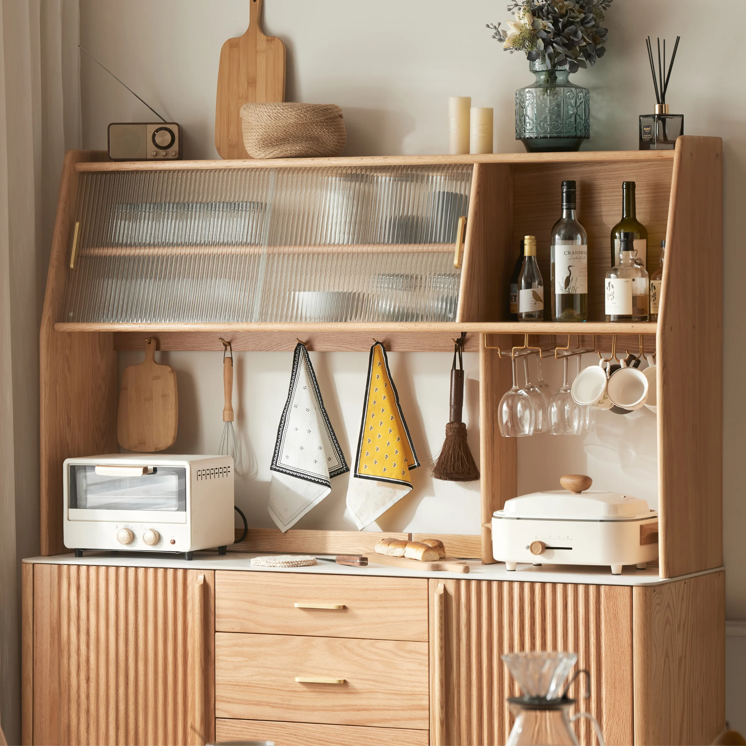 Solidwood Santa Rosa Sideboard with Sintered Stone Top & Hutch, 150x42x172cm, Natural