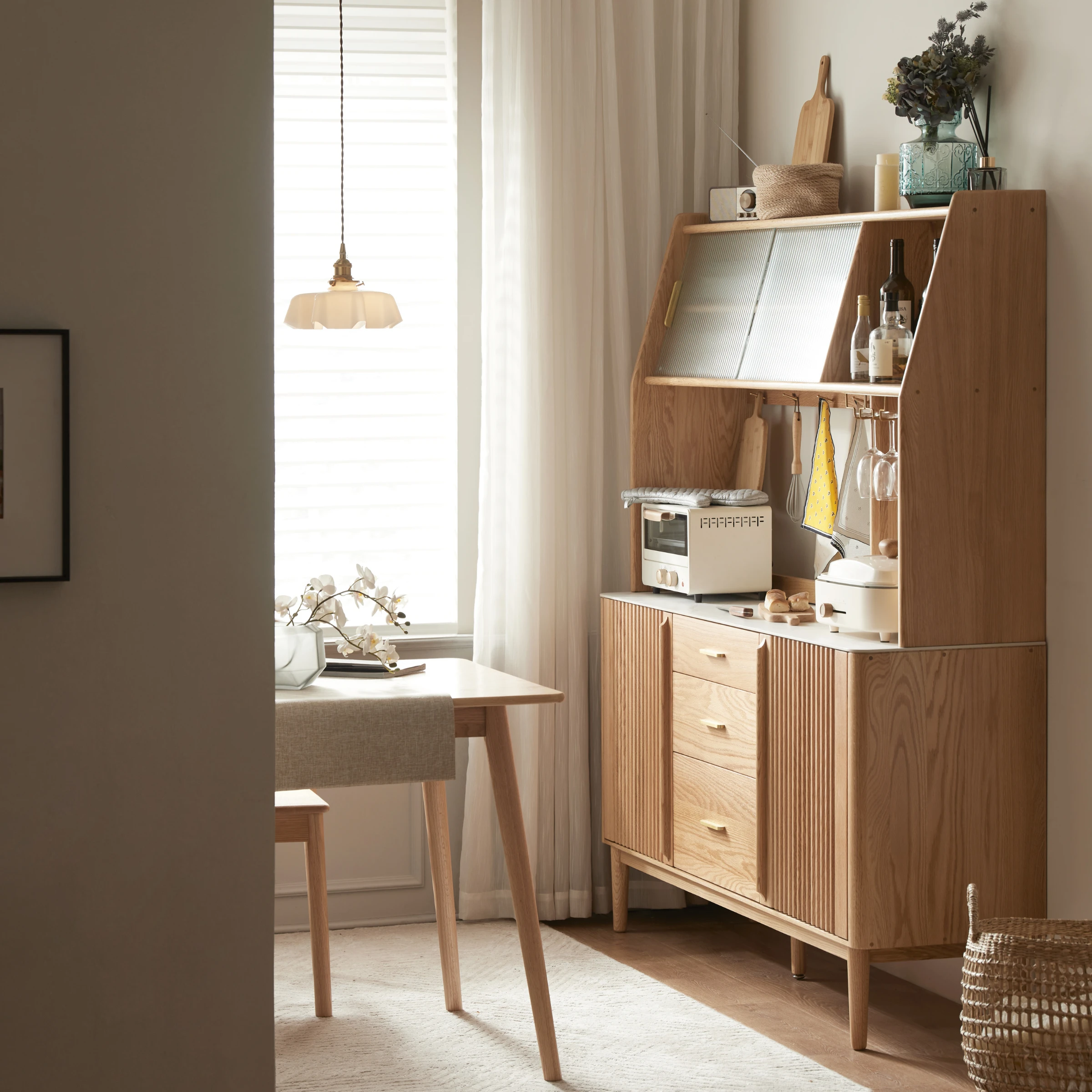 Solidwood Santa Rosa Sideboard with Sintered Stone Top & Hutch, 150x42x172cm, Natural