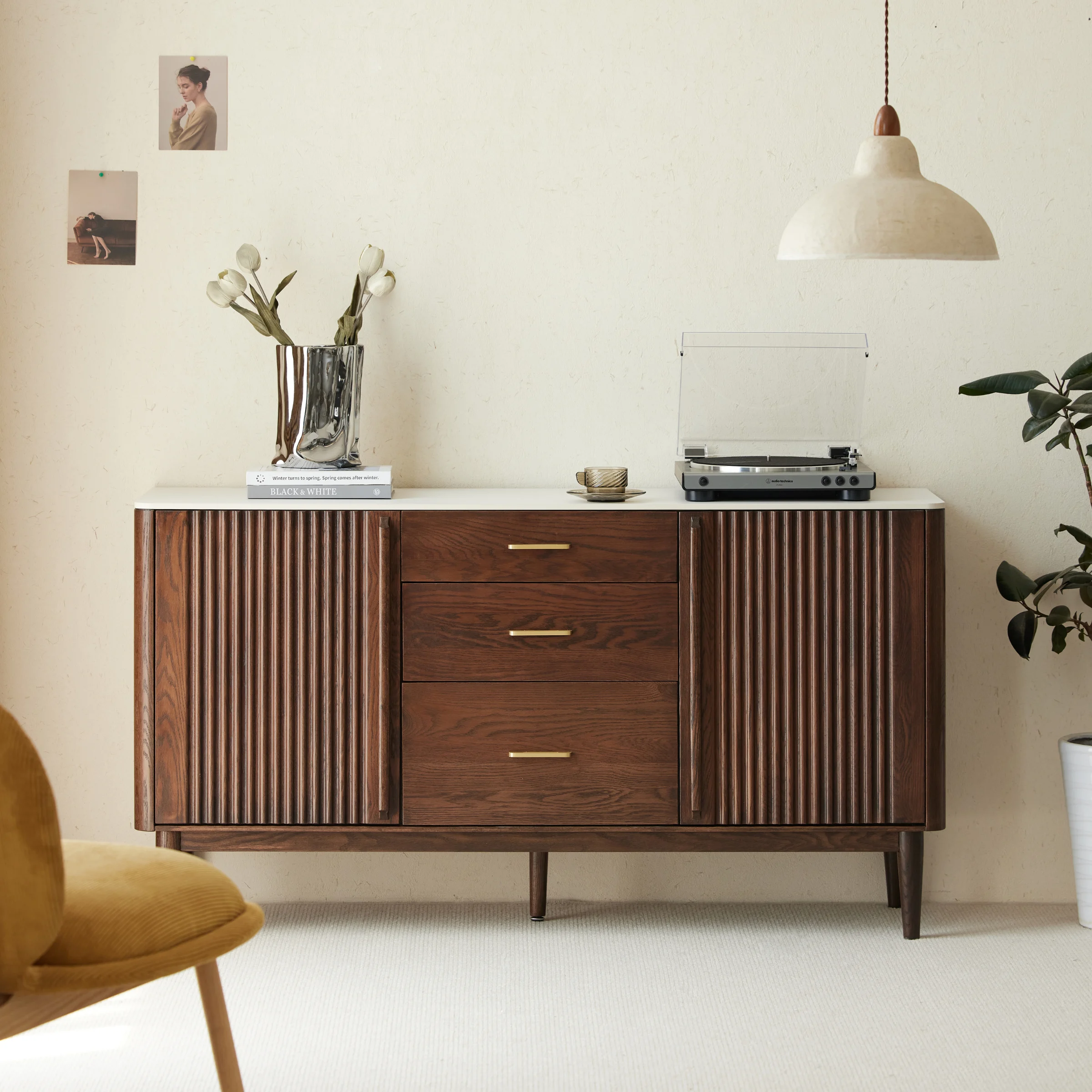 Solidwood Santa Rosa Sideboard with Sintered Stone Top, 150x42x81cm, Walnut