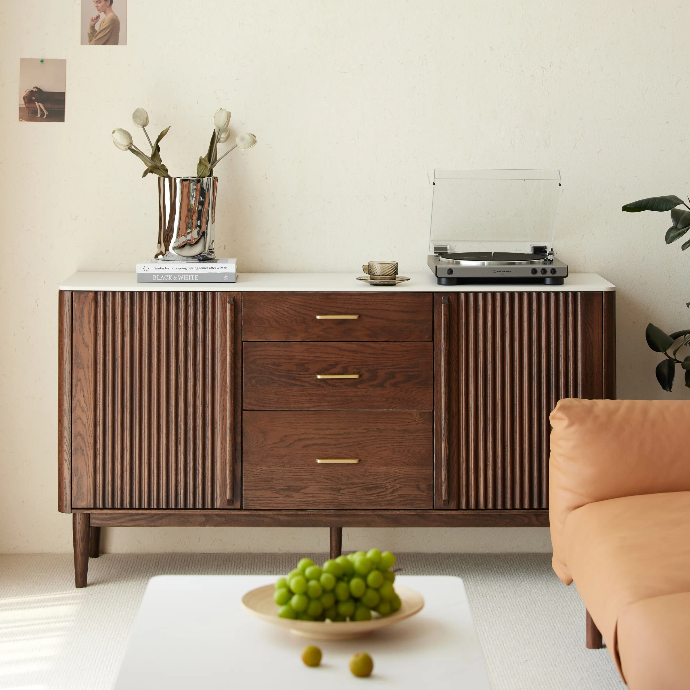 Solidwood Santa Rosa Sideboard with Sintered Stone Top, 150x42x81cm, Walnut