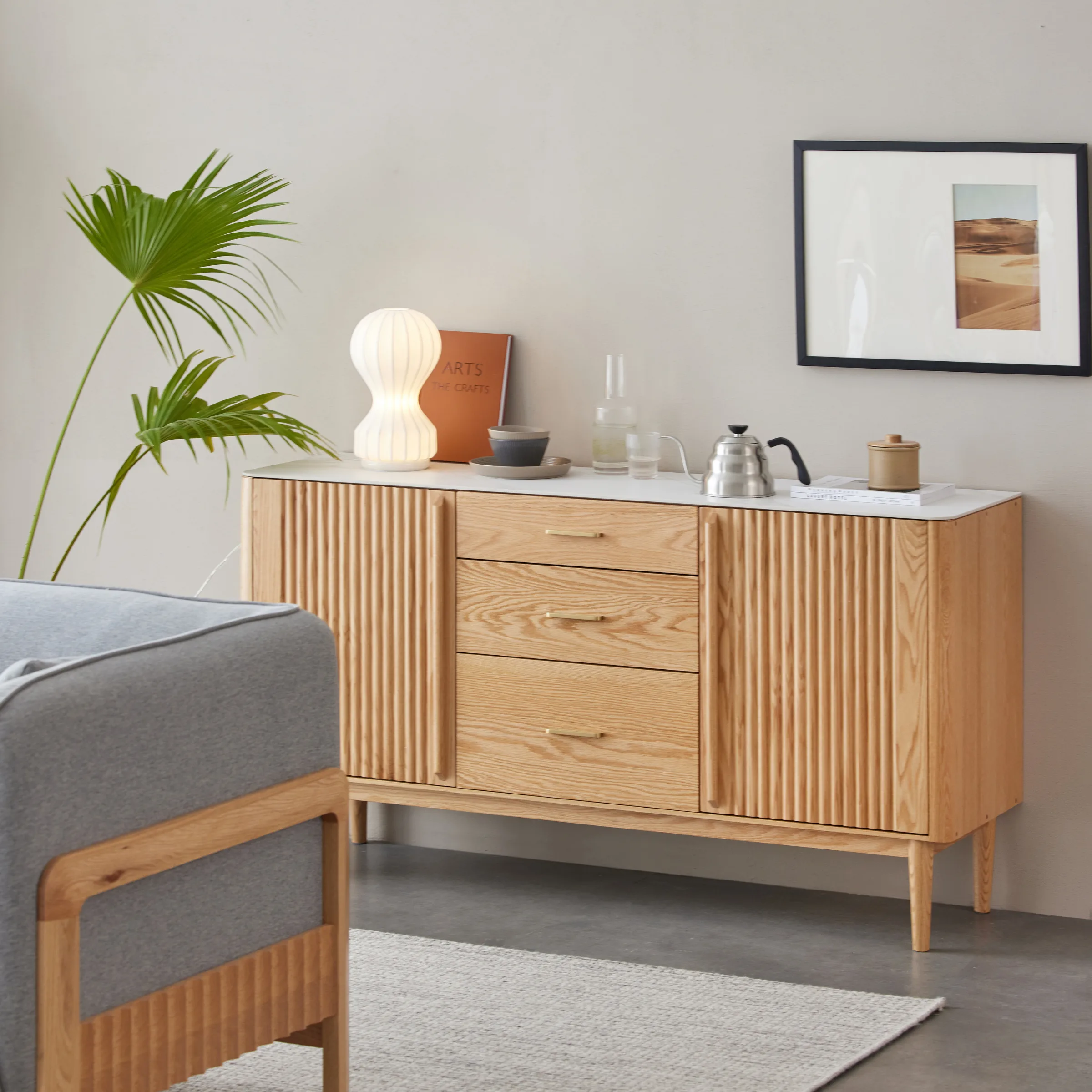 Solidwood Santa Rosa Sideboard with Sintered Stone Top, 150x42x81cm, Natural