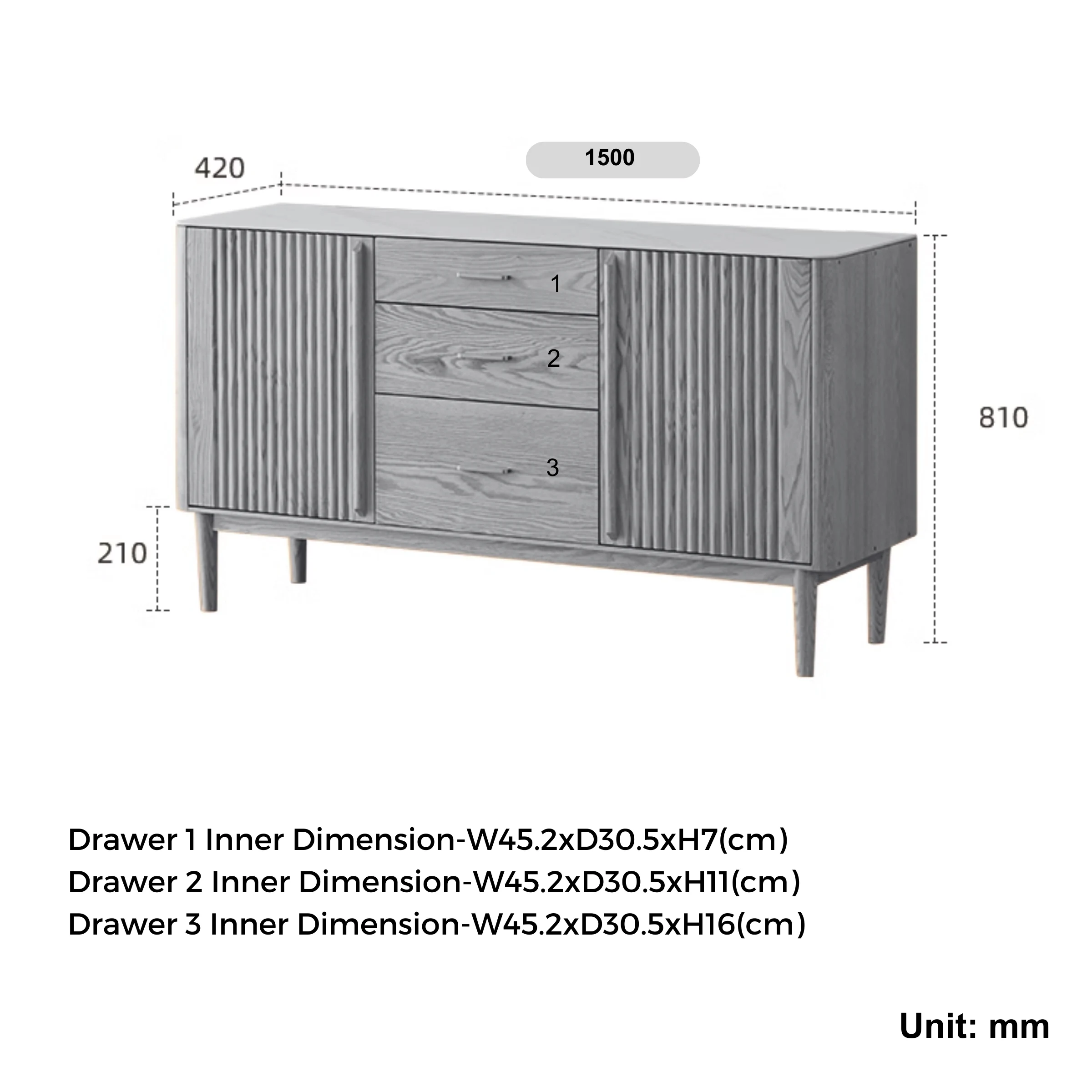 Solidwood Santa Rosa Sideboard with Sintered Stone Top, 150x42x81cm, Natural