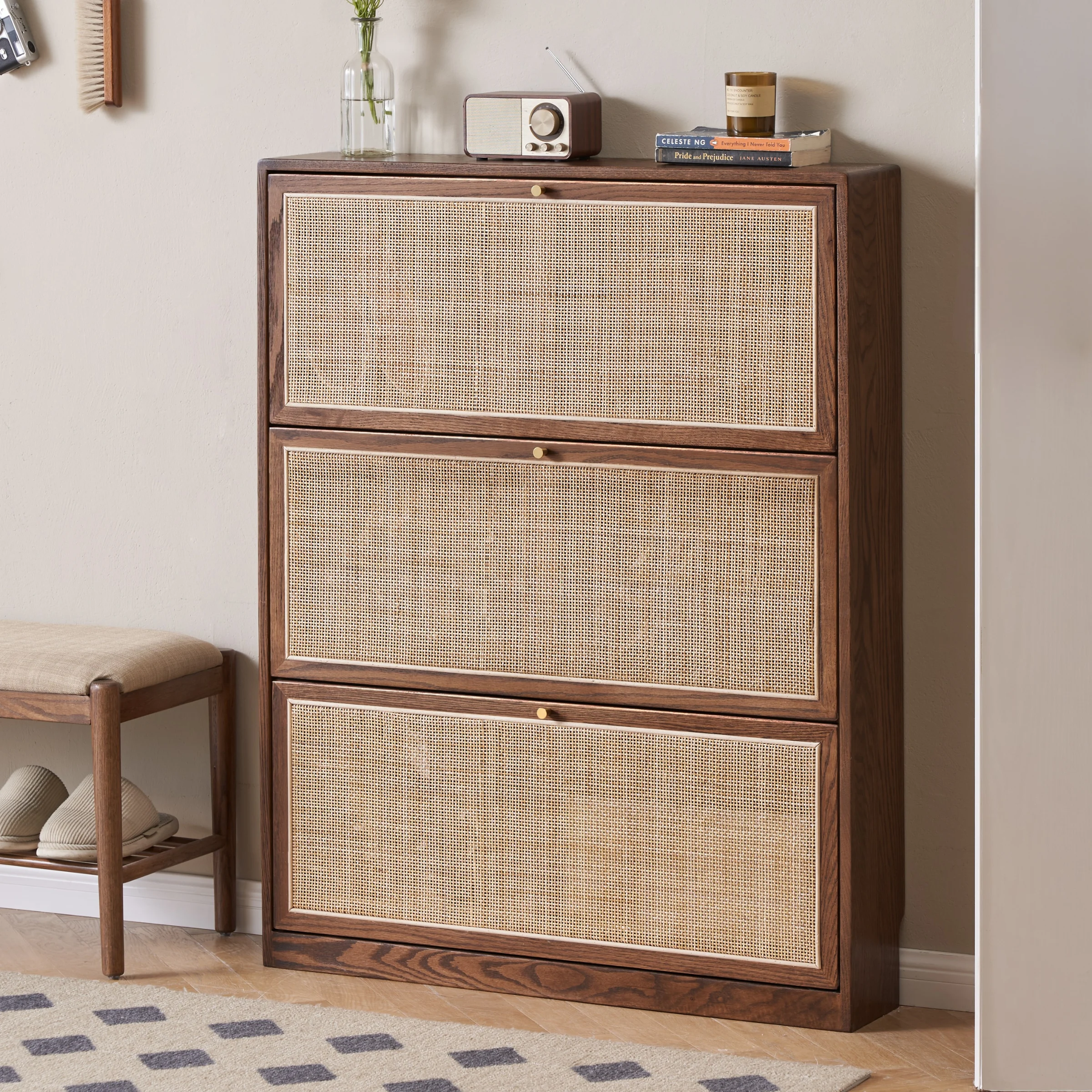 Solidwood Calamo Rattan Shoe Cabinet 88cm, Walnut