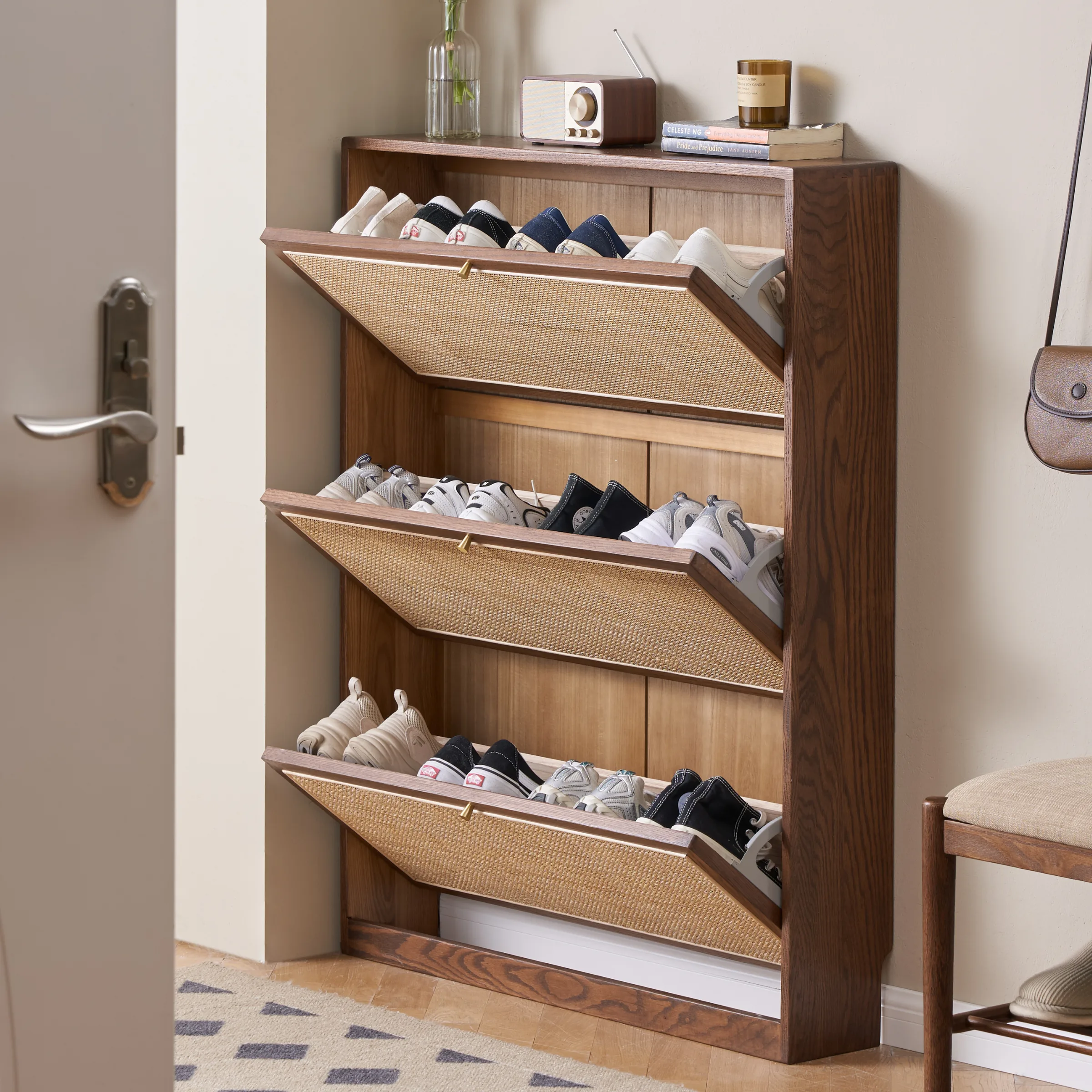 Solidwood Calamo Rattan Shoe Cabinet 88cm, Walnut