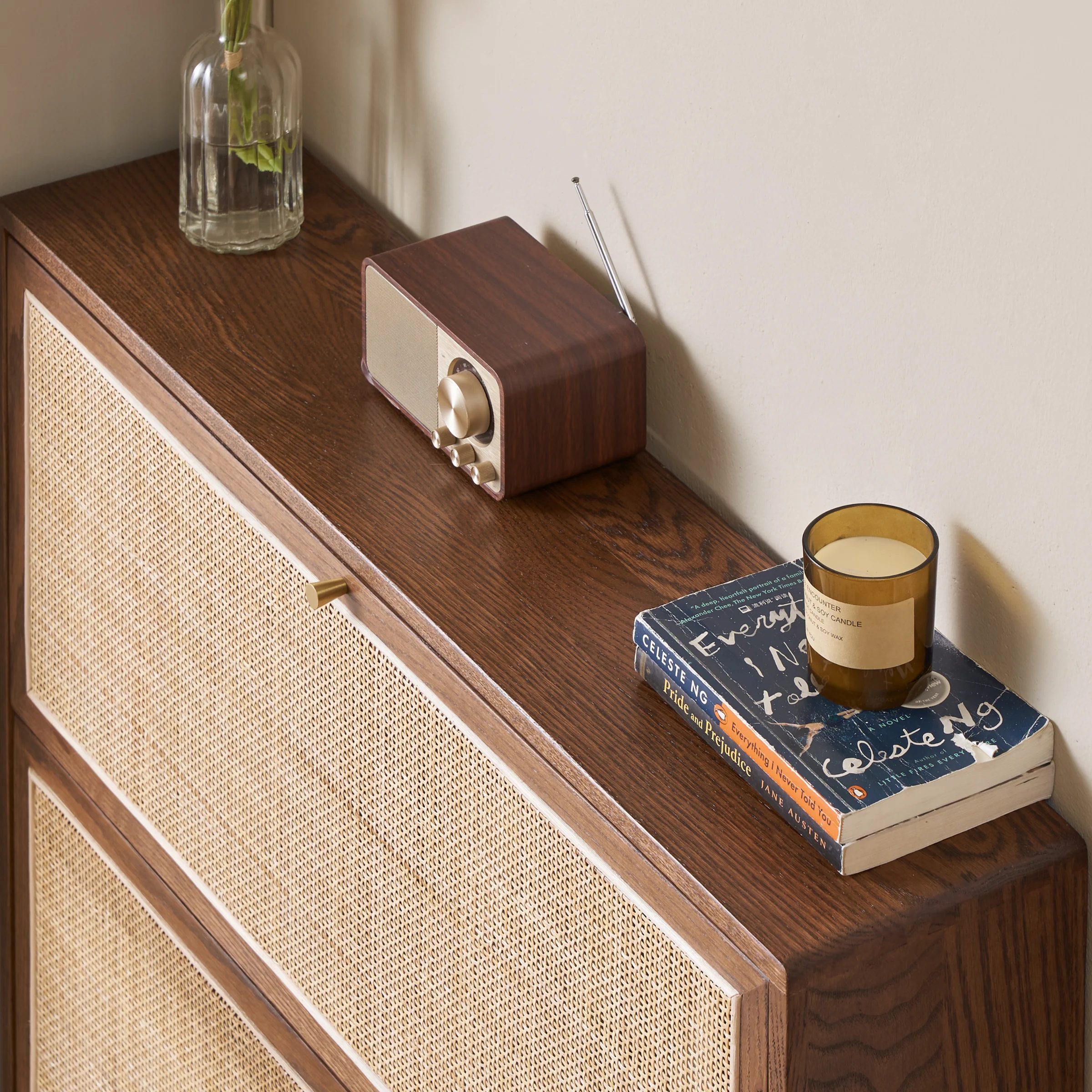 Solidwood Calamo Rattan Shoe Cabinet 88cm, Walnut