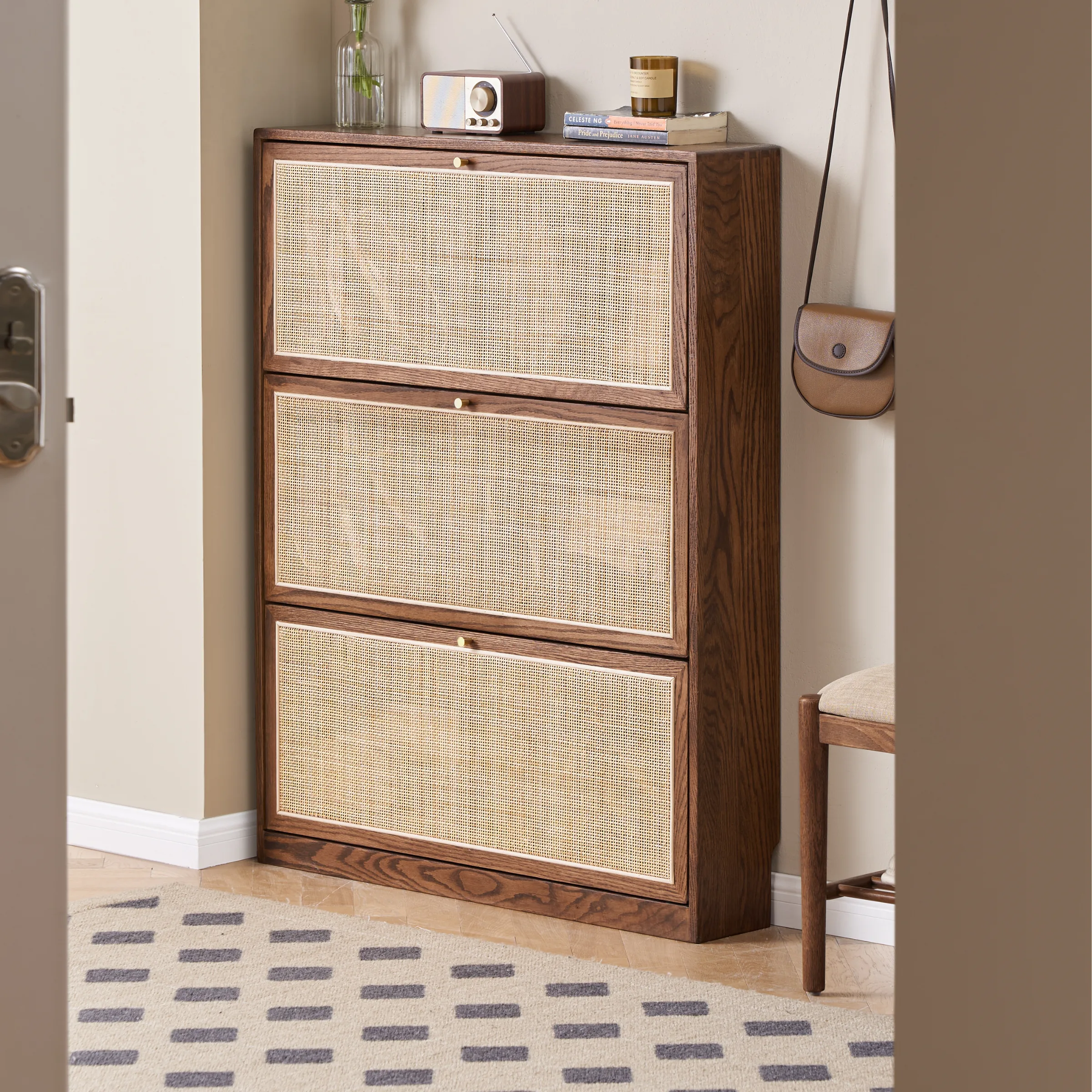 Solidwood Calamo Rattan Shoe Cabinet 88cm, Walnut