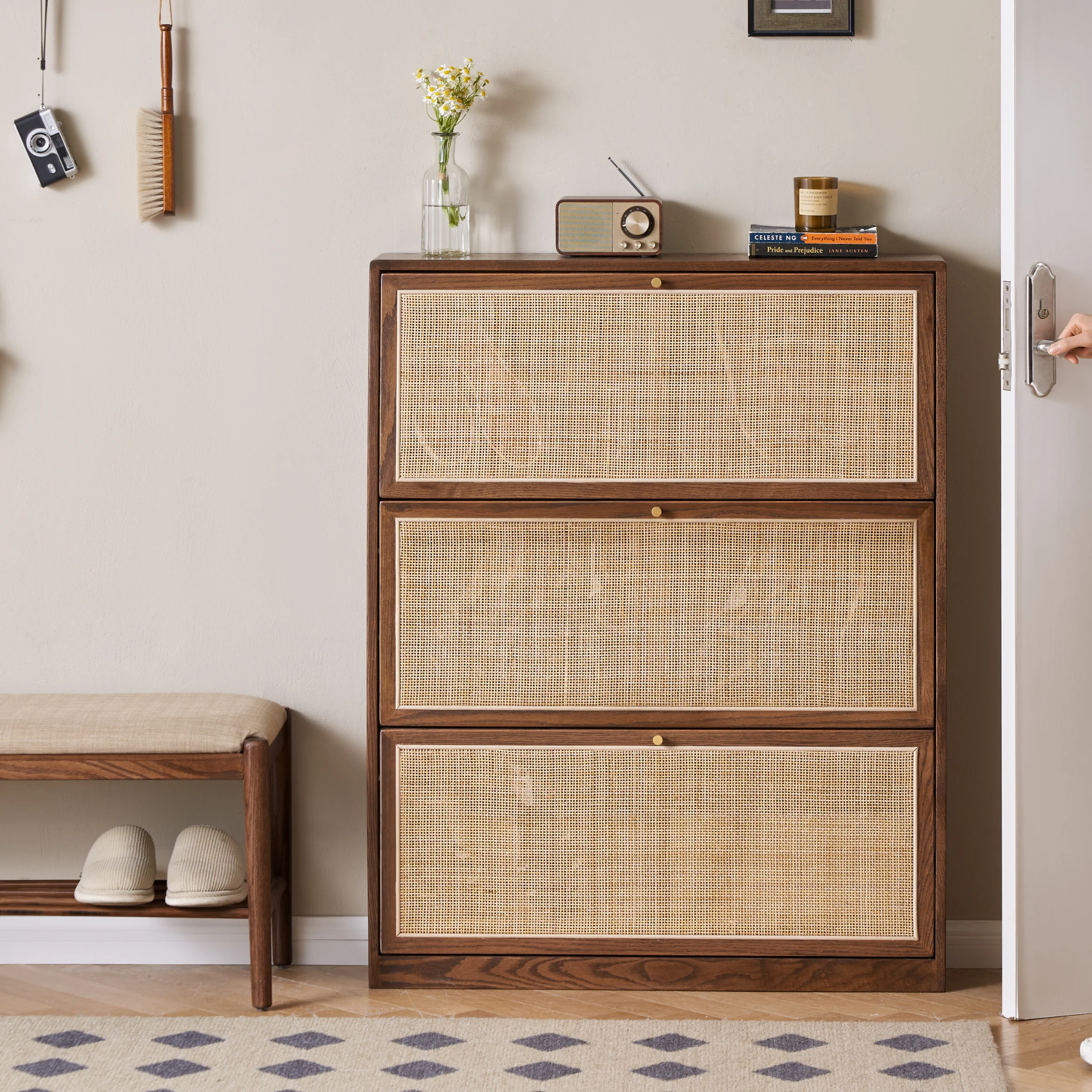 Solidwood Calamo Rattan Shoe Cabinet 88cm, Walnut