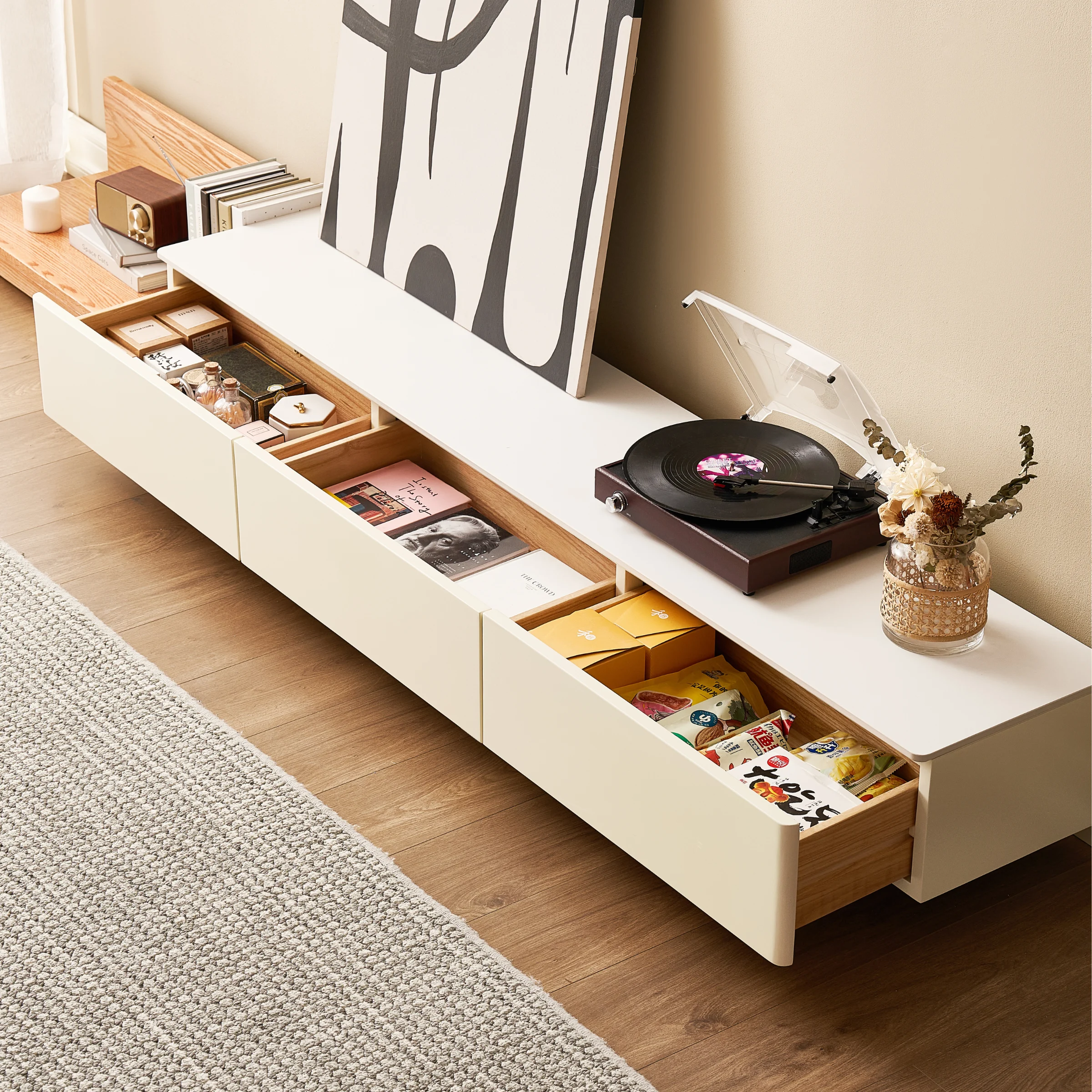 Solidwood Miaco Adjustable Entertainment Unit with Sintered Stone Top