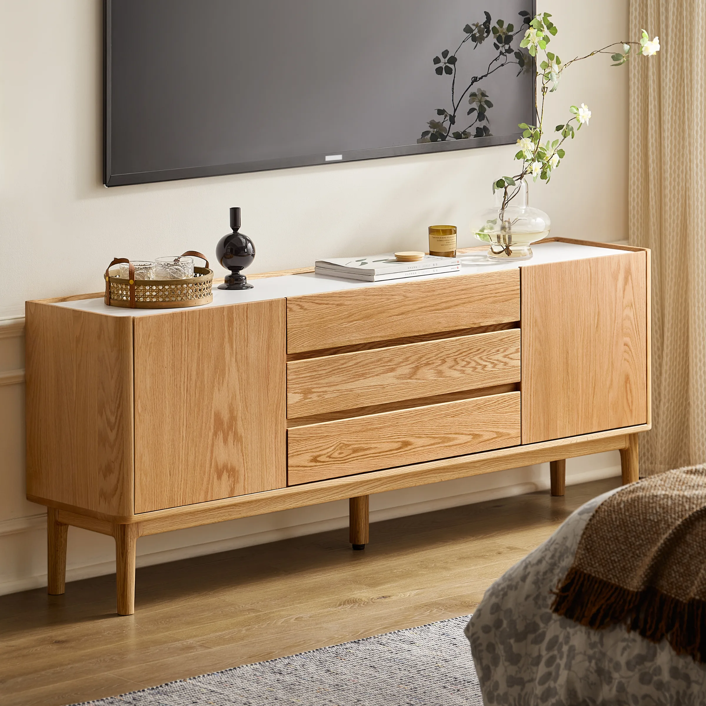 Solidwood Hemura Tall Entertainment Unit with Sintered Stone Top