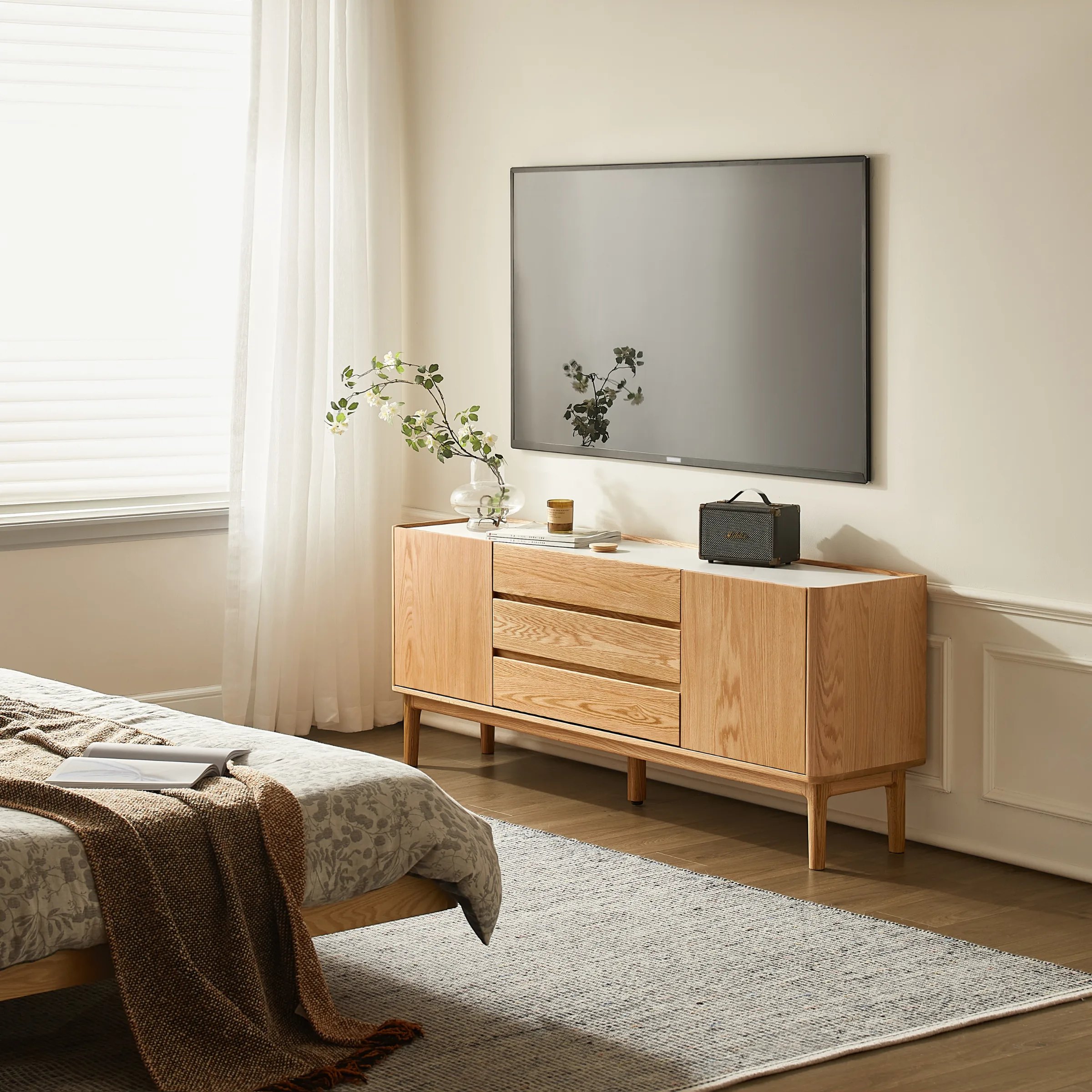Solidwood Hemura Tall Entertainment Unit with Sintered Stone Top