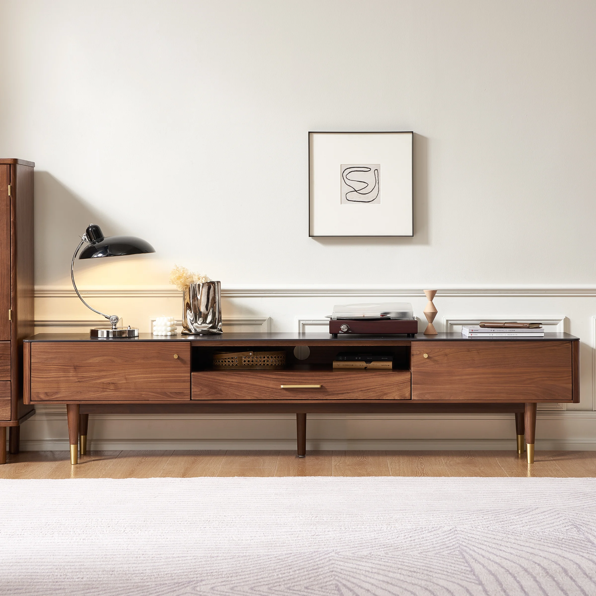 Solidwood Zephyr Walnut Entertainment Unit with Sintered Stone Top