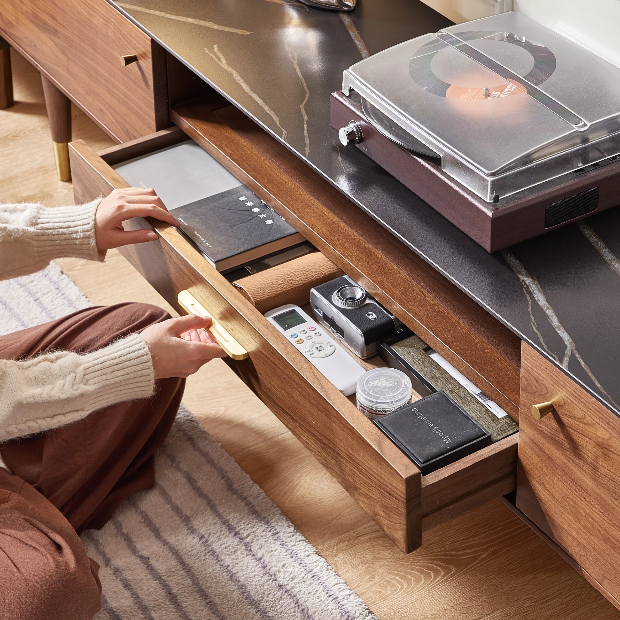 Solidwood Zephyr Walnut Entertainment Unit with Sintered Stone Top