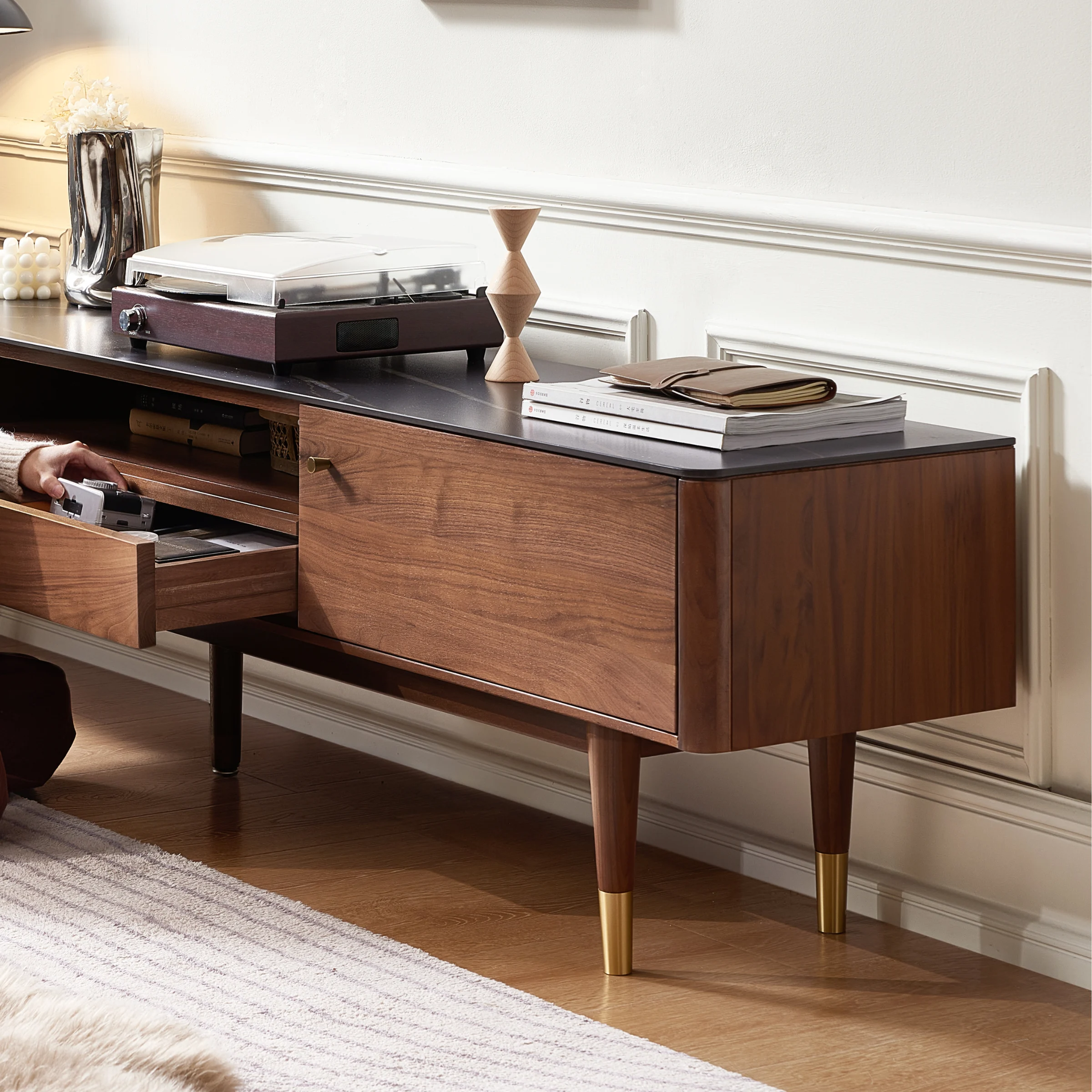 Solidwood Zephyr Walnut Entertainment Unit with Sintered Stone Top