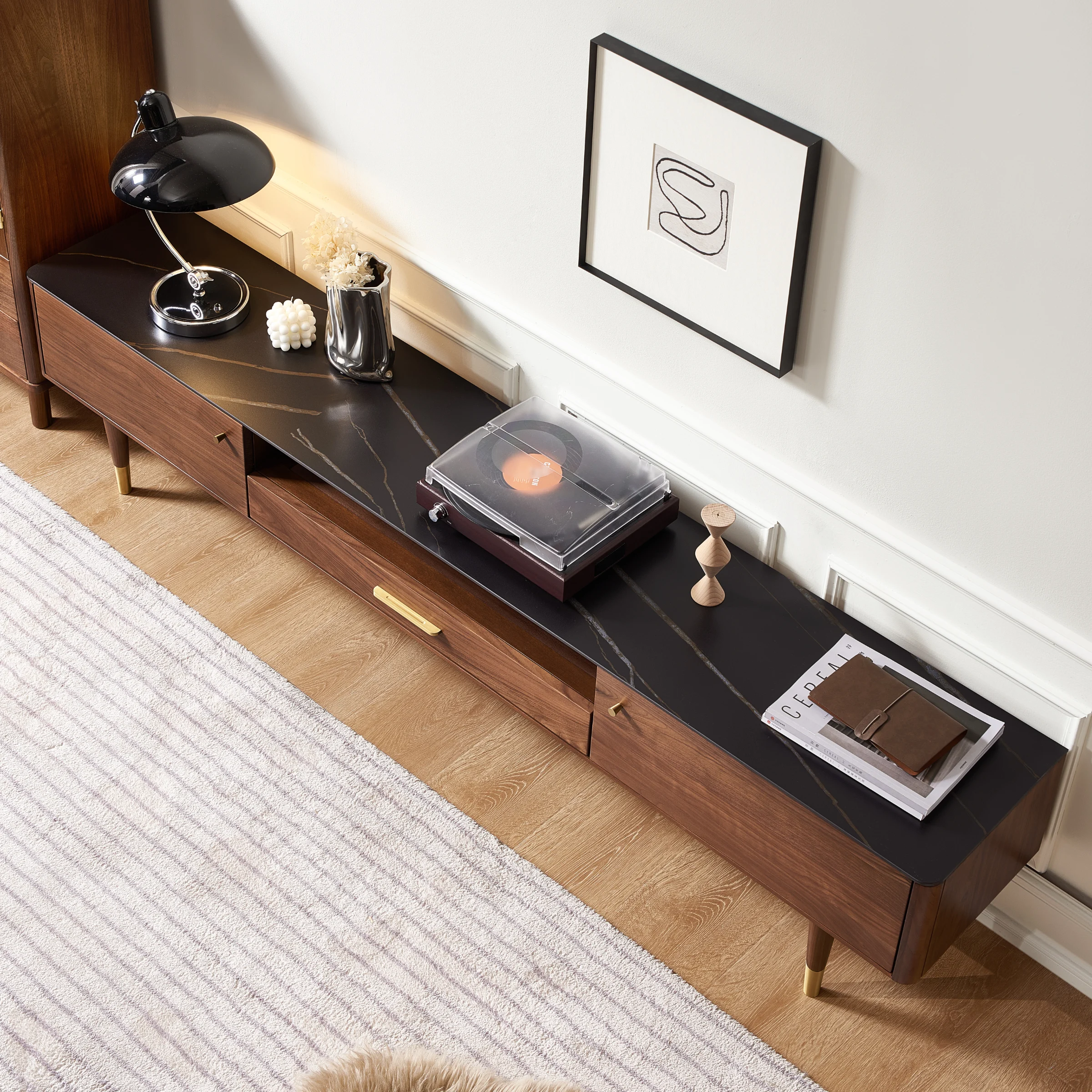 Solidwood Zephyr Walnut Entertainment Unit with Sintered Stone Top