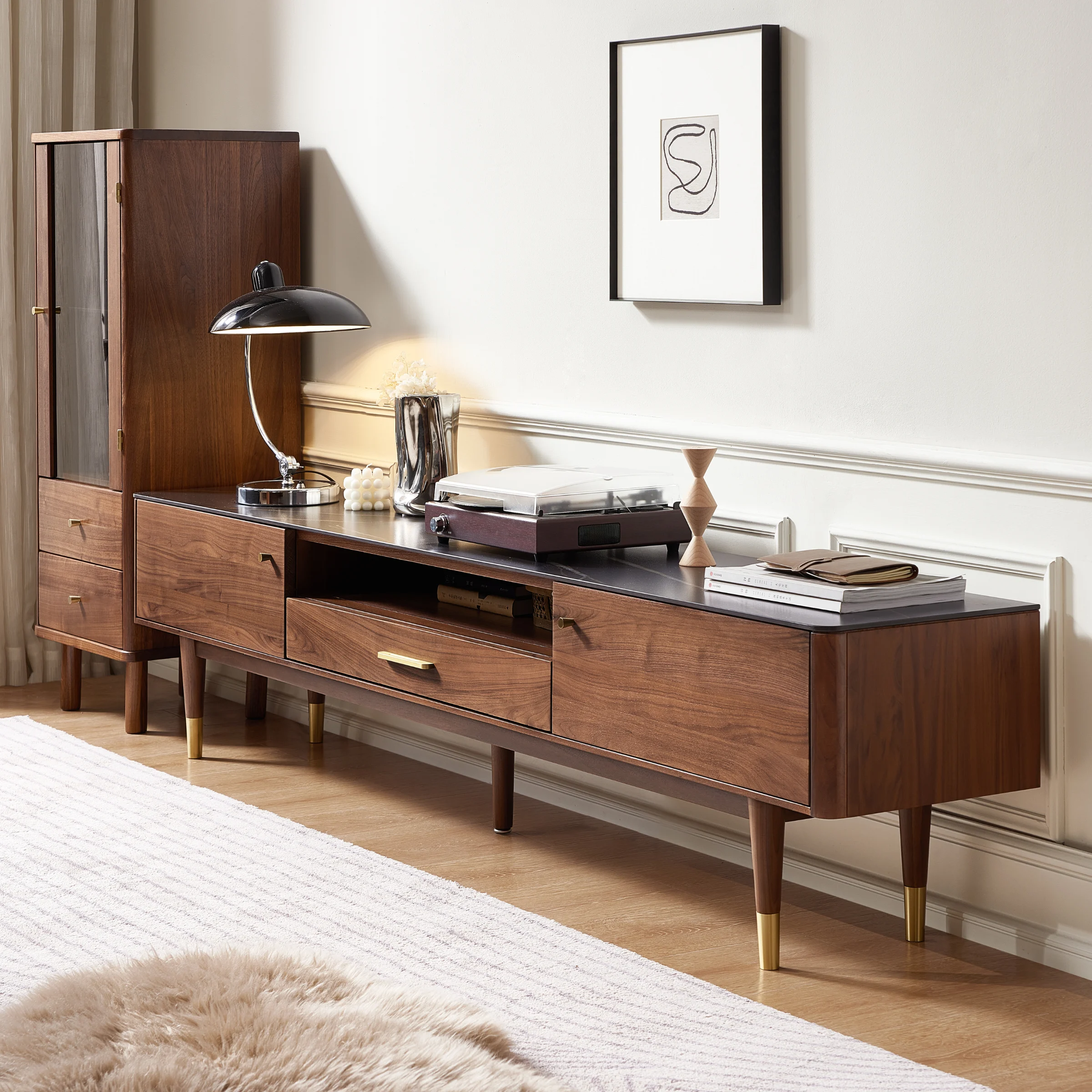 Solidwood Zephyr Walnut Entertainment Unit with Sintered Stone Top