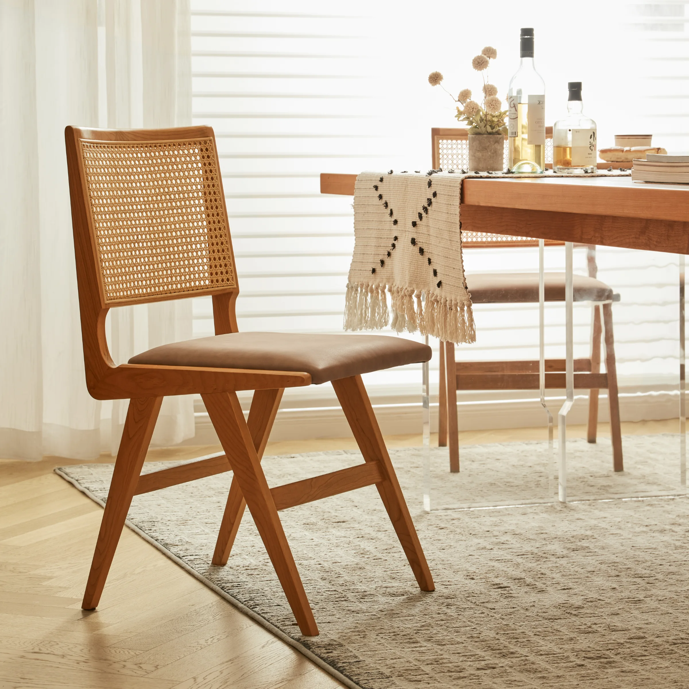 Solidwood Elvoraa Cherry Dining Table Set with 4 Chairs, 1.8m