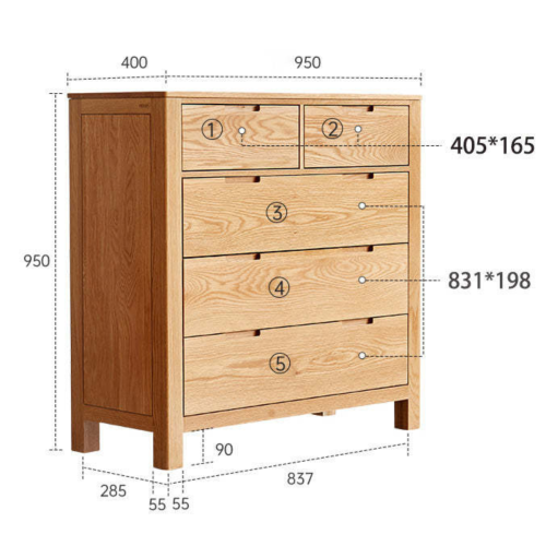 Solidwood Norway Chest of 5 drawers, 95x40CM, Oak