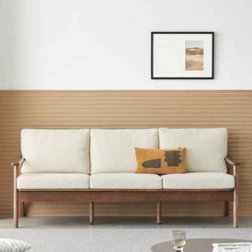 Solidwood Seattle 3-Seater Sofa,201x80CM, Beige/Dark Wood