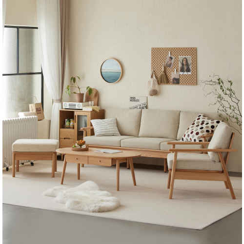 Solidwood Seattle 3-Seater Sofa,201x80CM, Beige/Oak