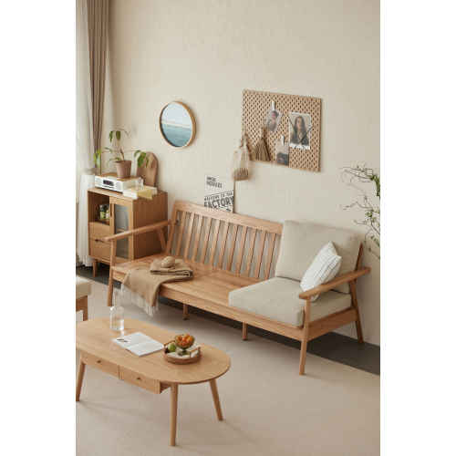 Solidwood Seattle 3-Seater Sofa,201x80CM, Beige/Oak