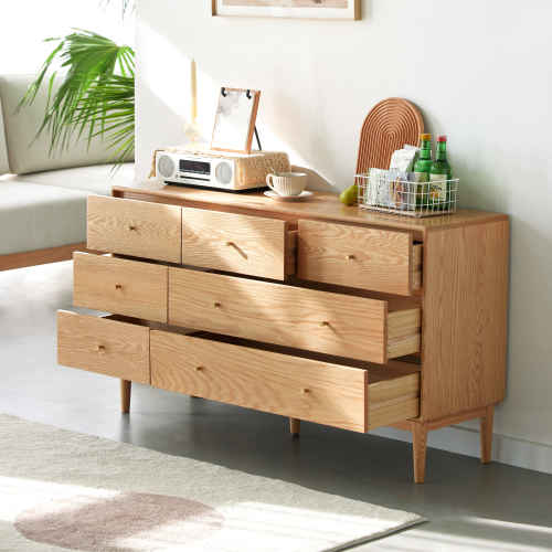 Solidwood Fuji Chest of 7 Drawers, 130x38x74cm, Oak